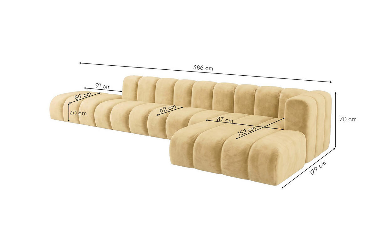 ECKSOFA Modulares In L-Form Mit Hocker, Velvet-Stoff Riviera, Buttergelb, Rechts, GRAND - Hellgelb, Holz (386/179cm) - Kaiser Möbel