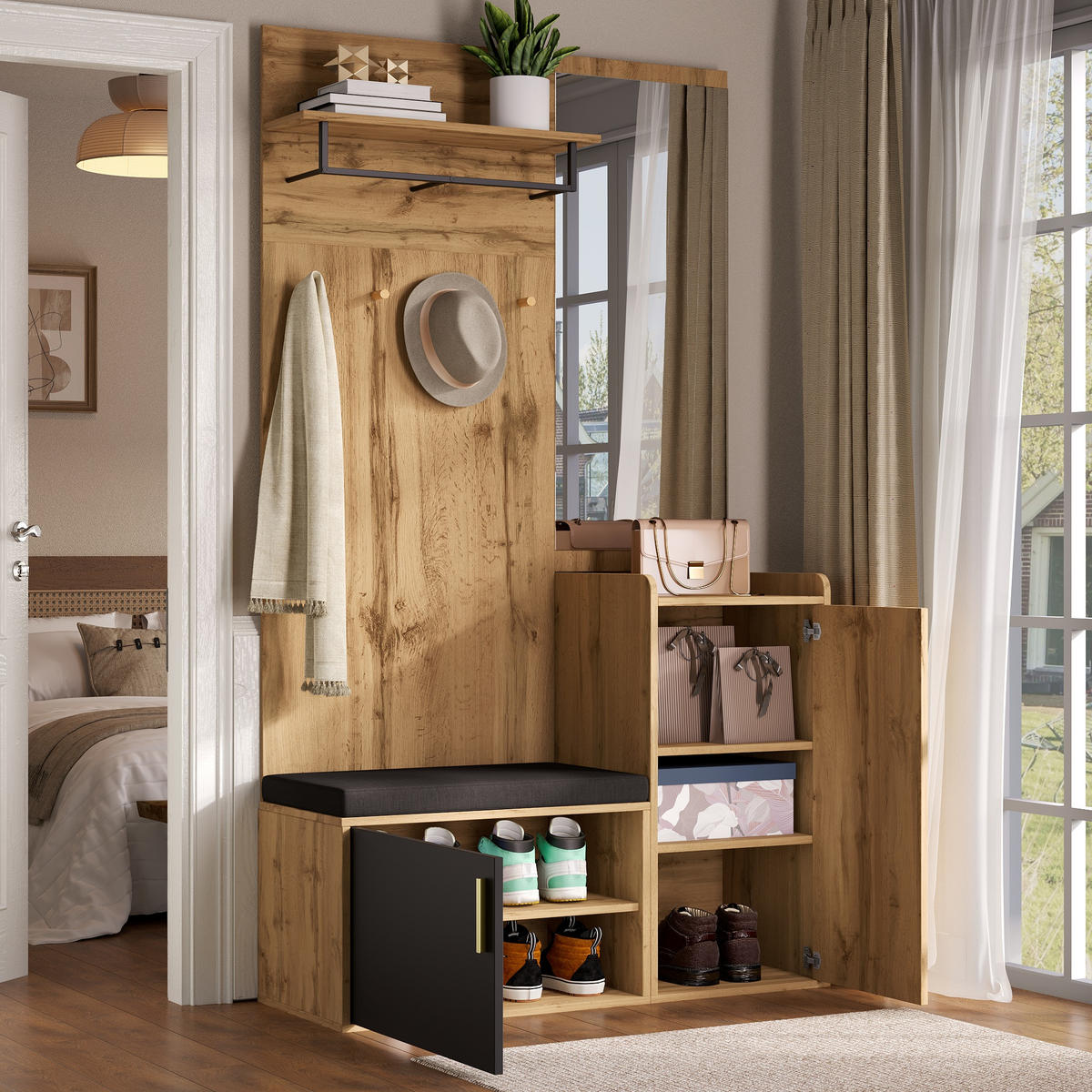 GARDEROBENSET Spiegel Sitzbank Schuhschrank - Naturfarben, Holzwerkstoff (100/185/38cm) - Fortuna Lai