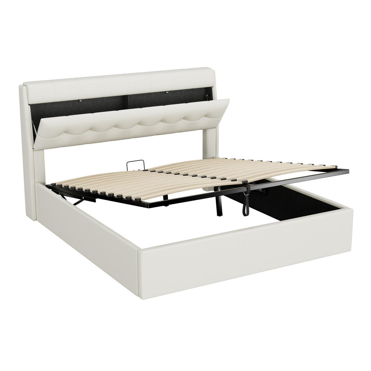 POLSTERBETT 160/200 cm Weiß mit hydraulischem Bettkasten und Lattenrost - Weiß, Kunststoff (160/200cm) - OKWISH