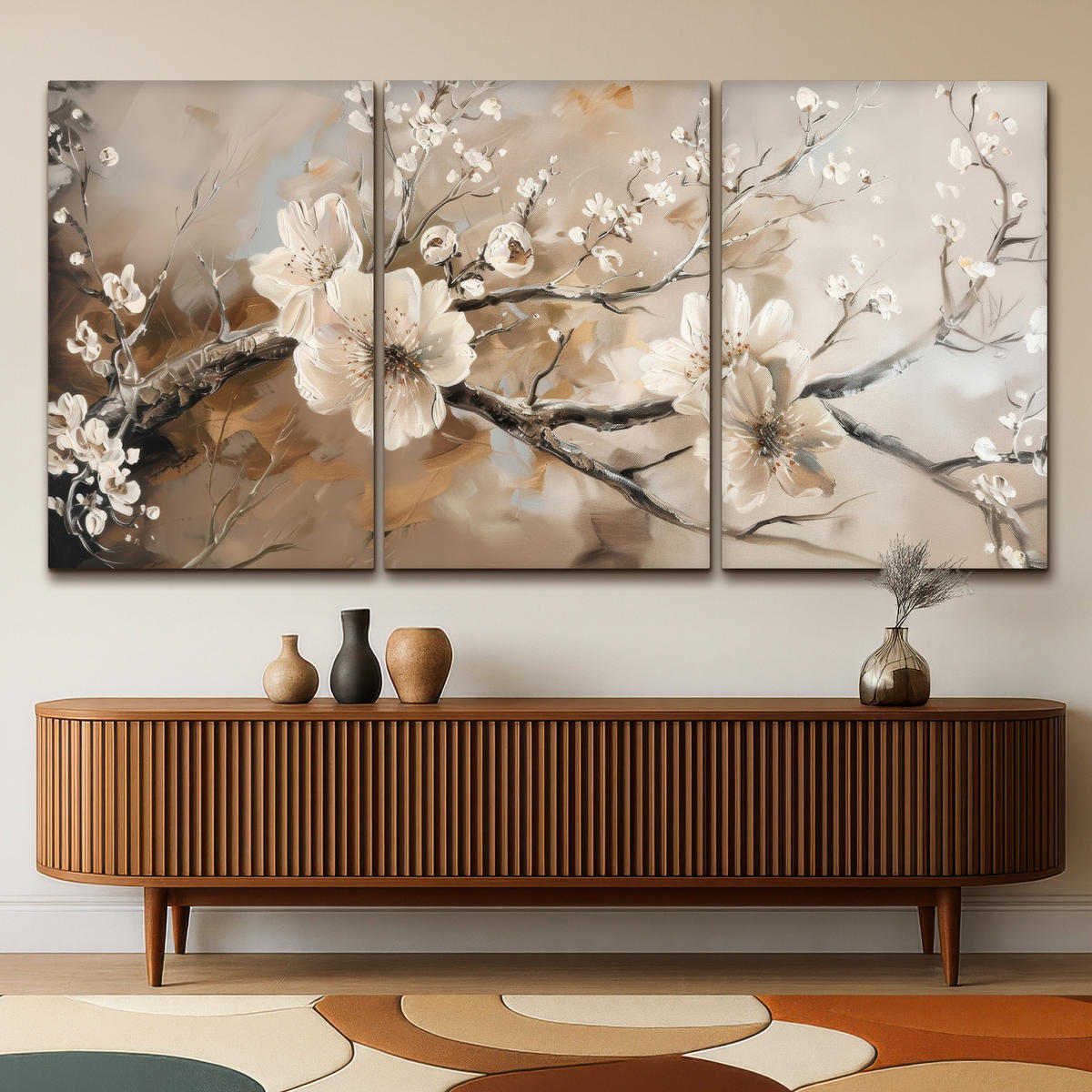 LEINWANDBILD 3er Set Blüte - Beige - Abstrakt - Blumen 240x120 cm - Hellbraun, Textil (240/120cm) - MuchoWow