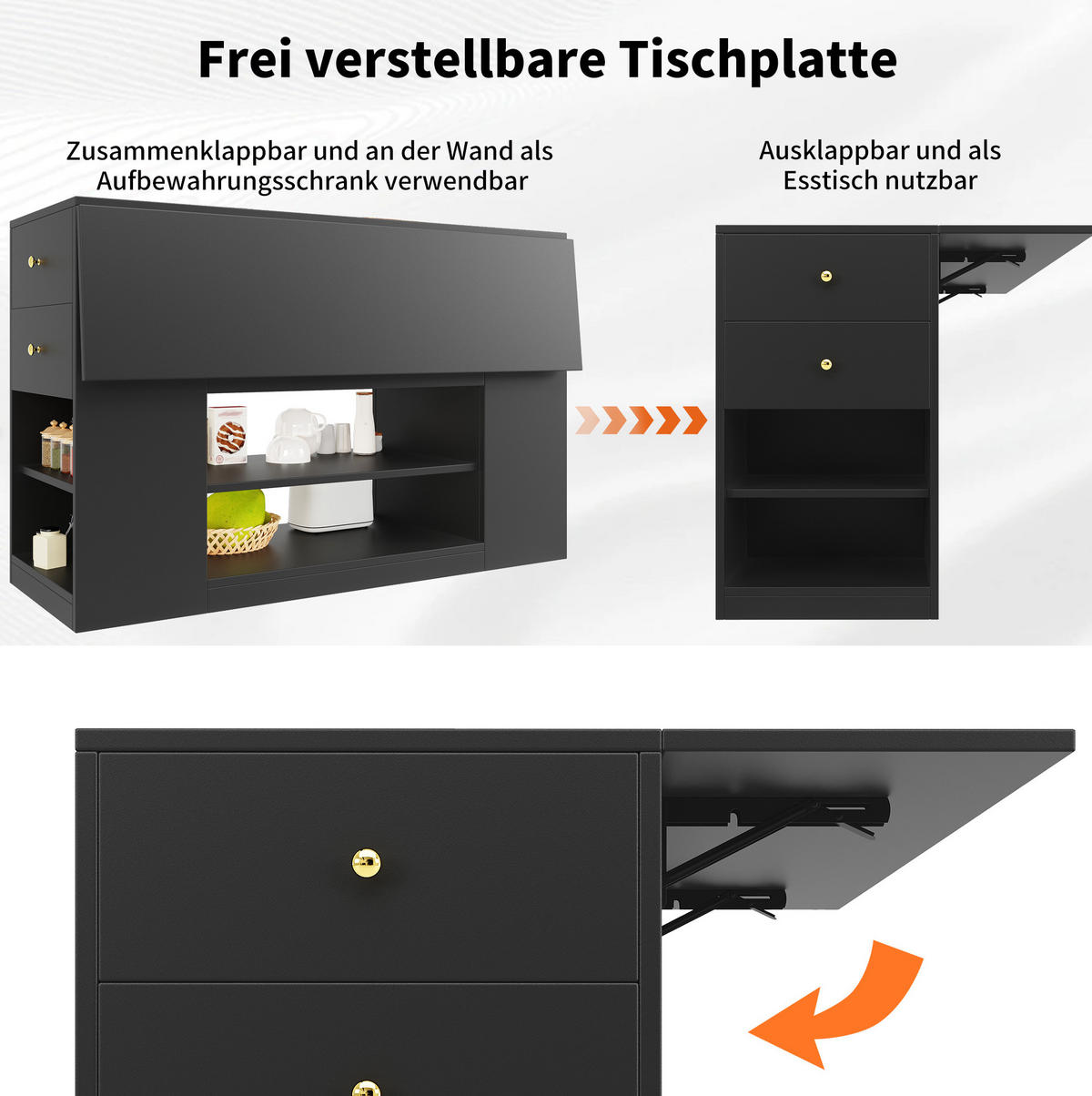 KÜCHENINSEL mit Klapptisch 140 x 40 x 90 cm Schwarz MDF - Schwarz, Holz (40/90/140cm) - Beauniv
