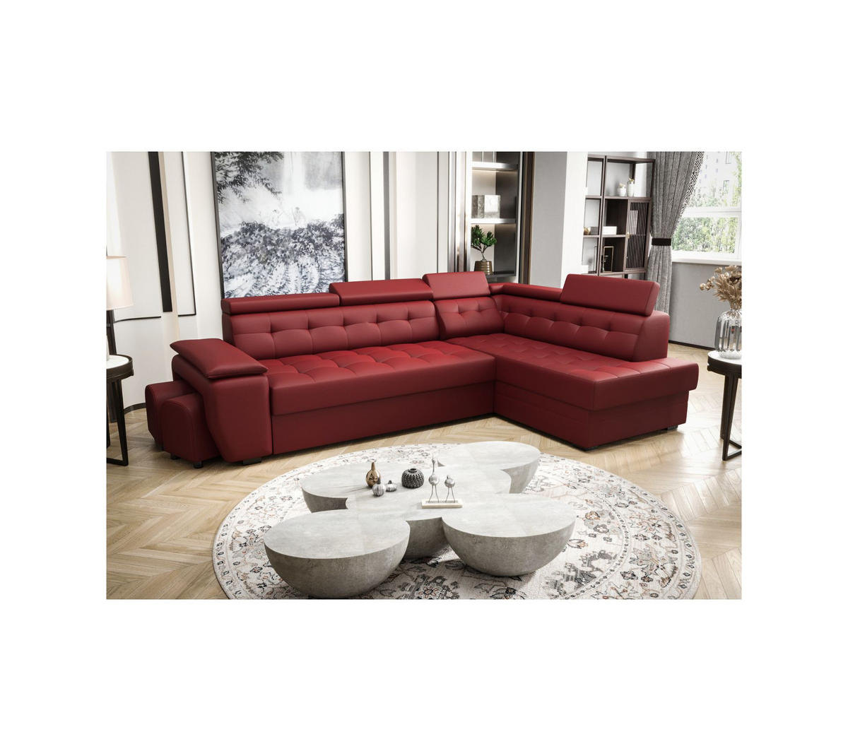 ECKSOFA KONGO RBN15, Eckcouch in L-Form mit Schlaffunktion, Farbe: Rot, Kunstleder, Ottomane Rechts - Rot, Textil (277/180cm) - O-Sofa
