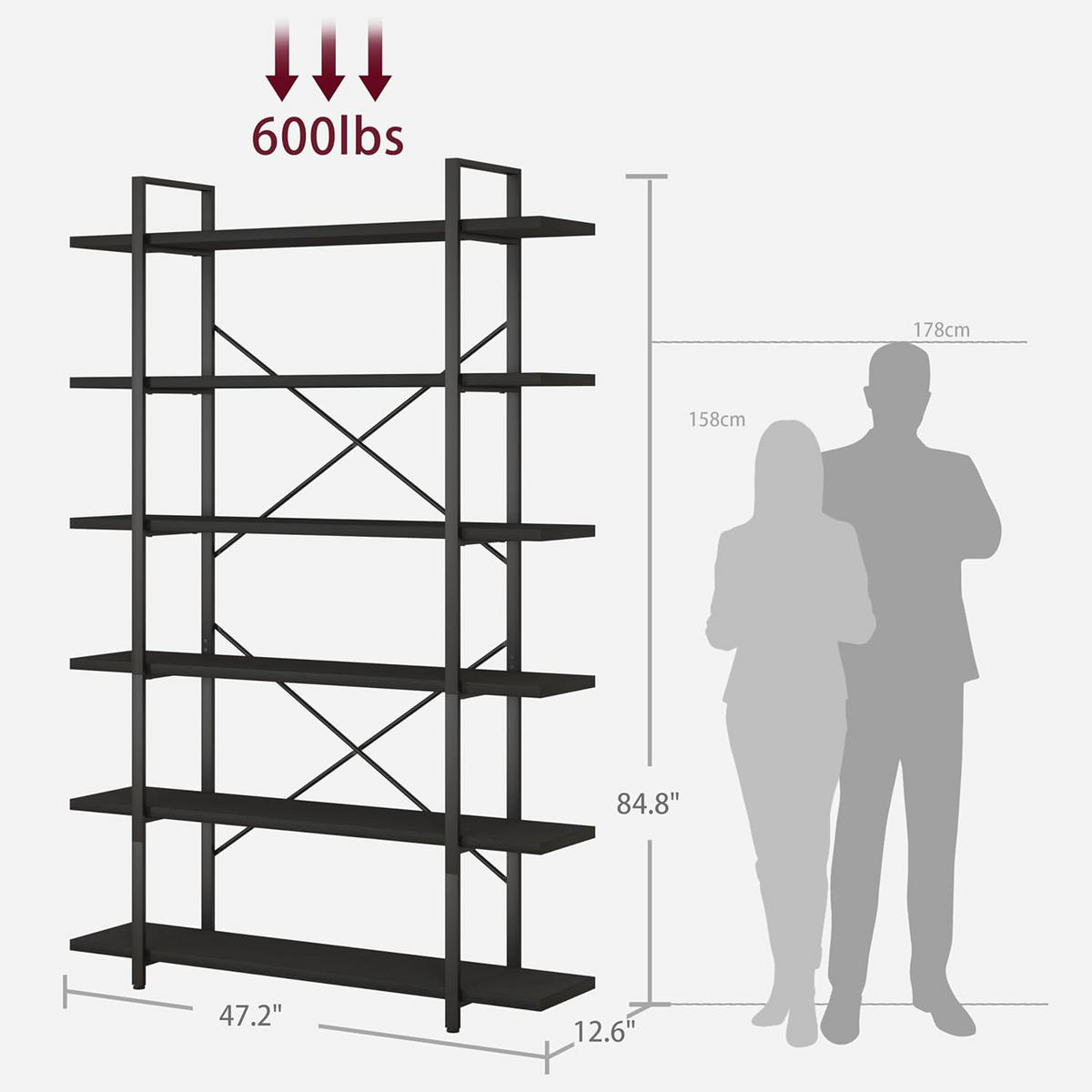 STANDREGAL Industrial Holzoptik Metall 6 Fächer 120 x 32 x 215,5 cm - Schwarz, Holzwerkstoff/Metall (122/215.5/32cm) - Quality Elegance
