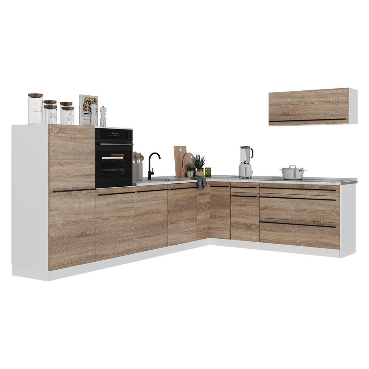ROHOVÁ KUCHYŇA R-Line, Sonoma/biely, 327 x cm Goldkraft tammi työtaso - biela/dub sonoma, kompozitné drevo (327/143/60cm) - Vicco