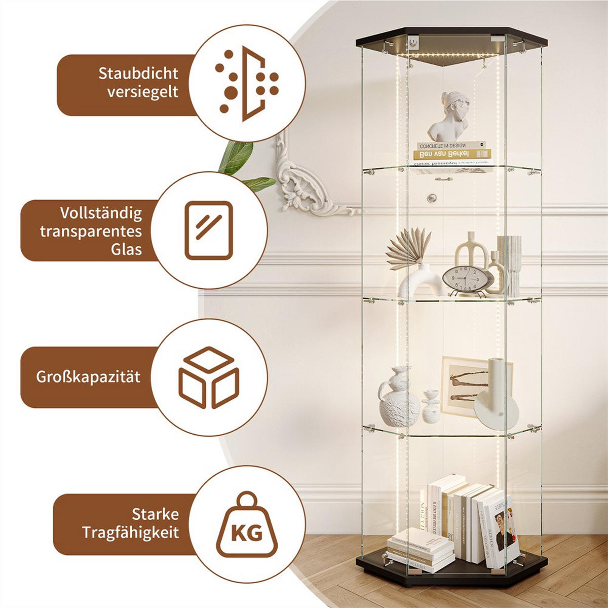 VITRINE mit RGB LED Beleuchtung - Eckvitrine mit 4 Ebenen und 1 Glastür - Glaskvitrine mit Schloss - Schwarz - Schwarz, Glas (60/162/42.5cm) - DELFA