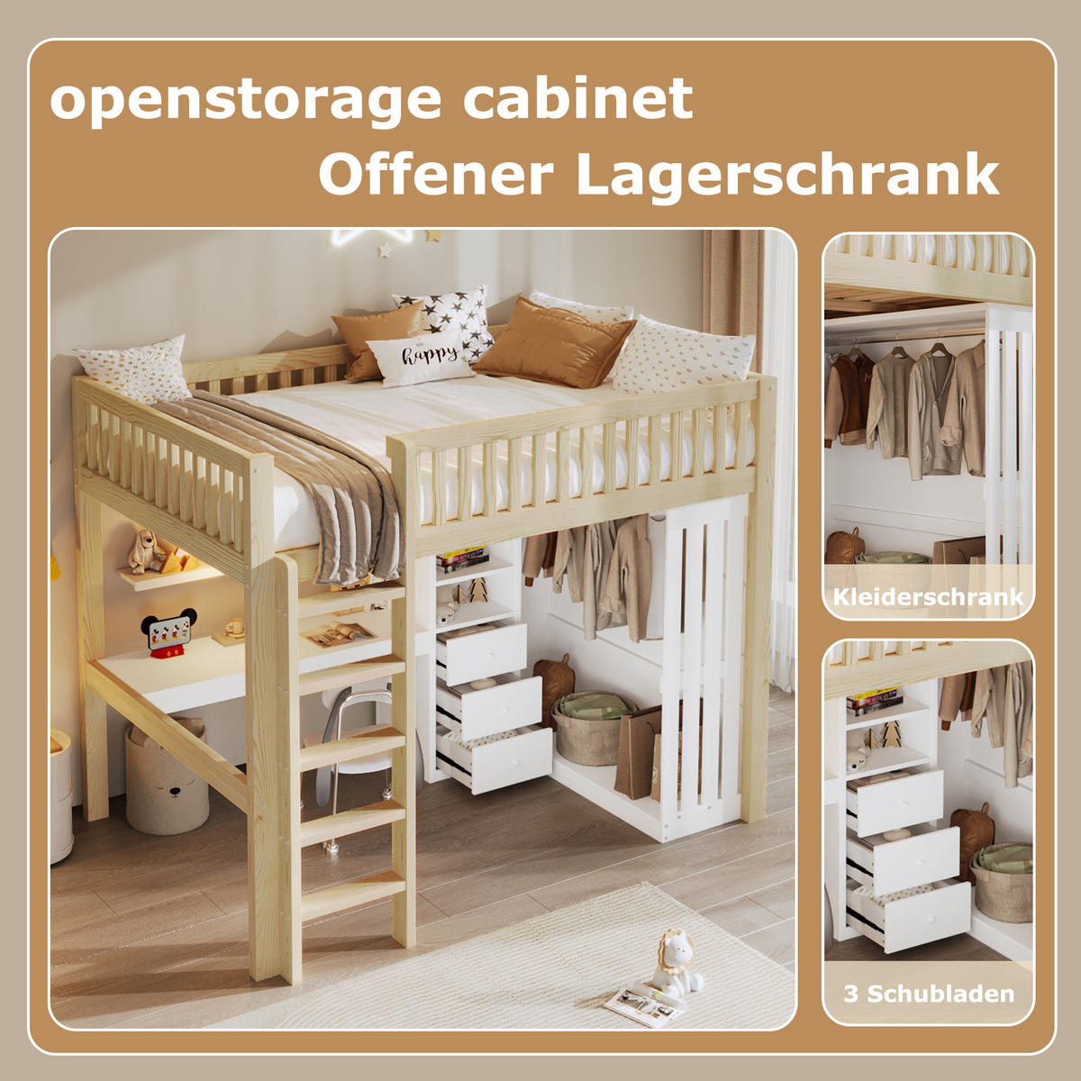 HOCHBETT 140x200cm Natur Holz Schreibtisch Kleiderschrank 3 Schubladen - Naturfarben, Holz (140/200cm) - FLIEKS