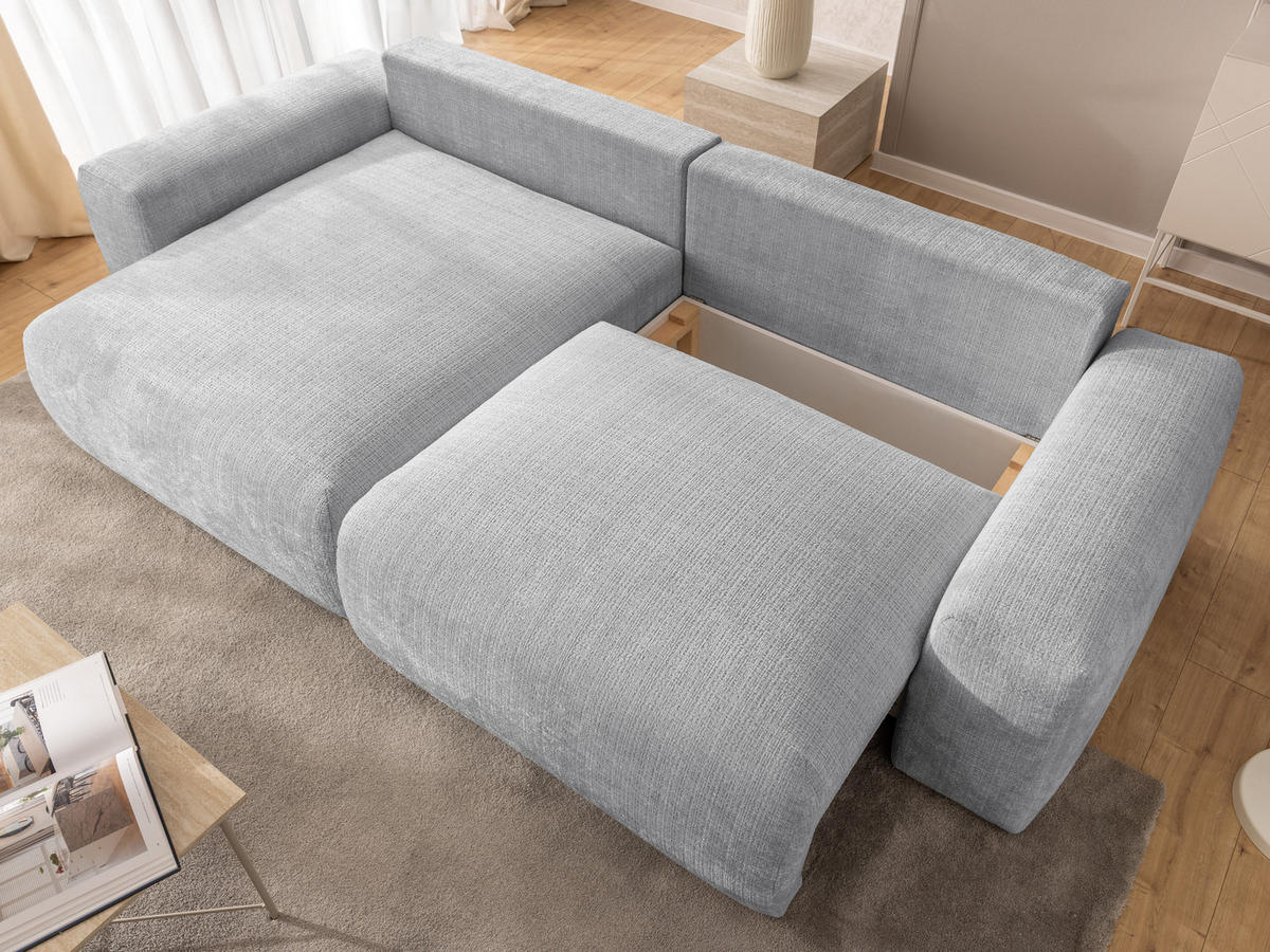 ECKSOFA Puffy mit Schlaffunktion und Bettkasten - besonders weich und puffig aus Hellgrau Chenille-Stoff - Ottomane links - Hellgrau/Schwarz, Holz/Kunststoff (138/266cm) - S-Style Möbel