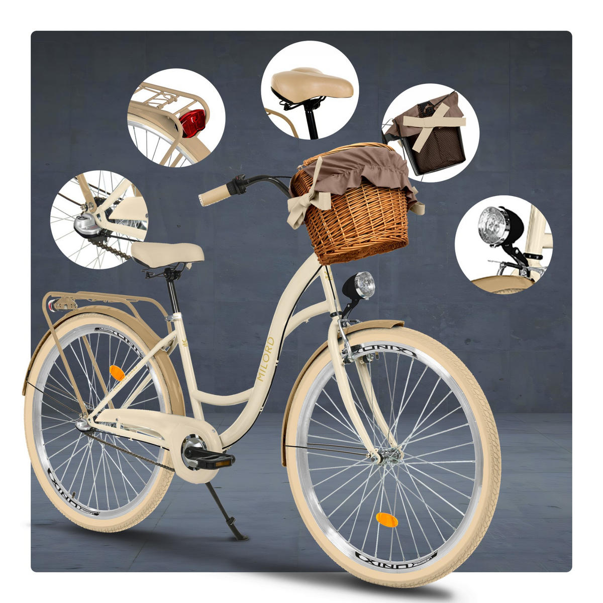 CITY-FAHRRAD Milord mit Weidenkorb, 28 Zoll, Creme-Braun, 3-Gang - Creme/Braun, Metall (46cm) - Milordbikes