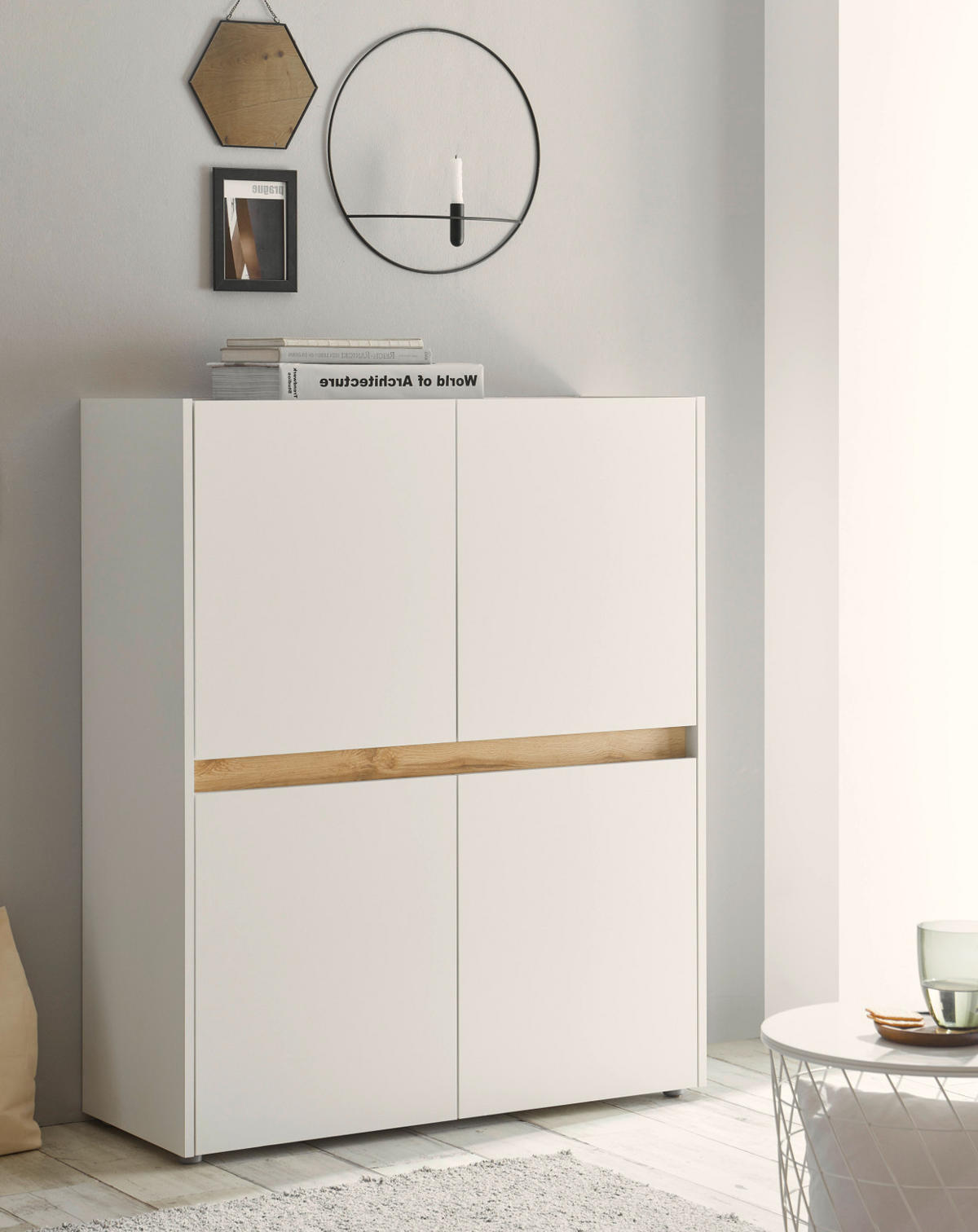 HIGHBOARD weiß, Eiche Wotan 100 cm, Kommode 4-türig - Eiche Wotan/Schwarz, Holz/Holzwerkstoff (100/120/40cm) - Furn.Design
