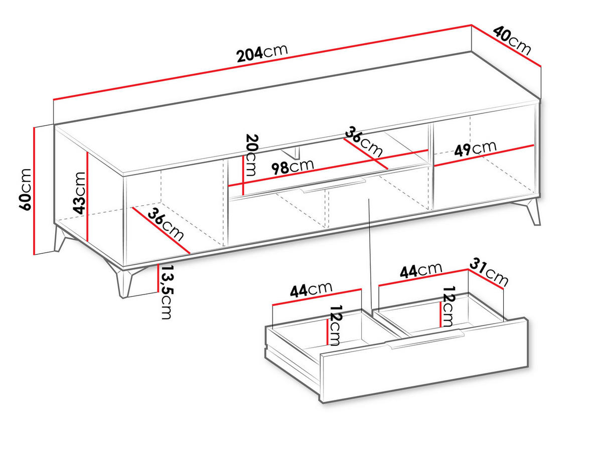 TV-ELEMENT Xylix Bis 2D1SZ - Nussbaumfarben/Schwarz, Holzwerkstoff/Metall (204/60/40cm) - MIRJAN24