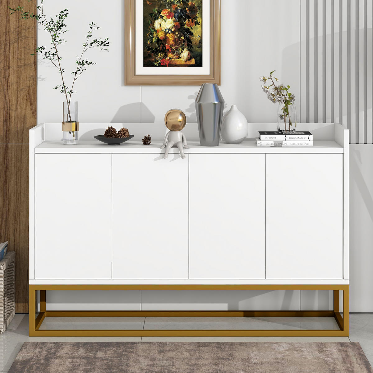 SIDEBOARD aus Spanplatte 120x30x80 cm Weiß mit 4 Türen, verstellbaren Einlegeböden und Push-to-open - Weiß, Holzwerkstoff (120/80/30cm) - Modfu