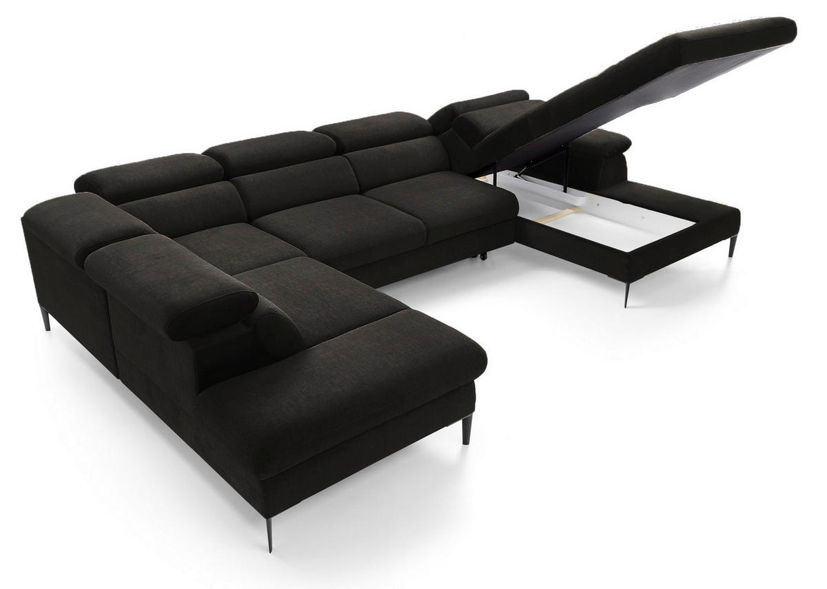 ECKSOFA U-Form 350 cm Amaro M mit Schlaffunktion, Rechts, Schwarz - Schwarz, Holz (353/214cm) - Emporius