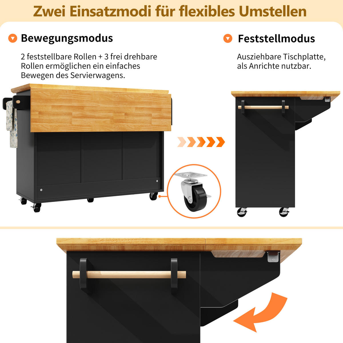 KÜCHENINSEL mit klappbarer Tischplatte & Rollen, 120/45/93 cm, Schwarz - Schwarz, Holzwerkstoff (120/93/45cm) - Redom