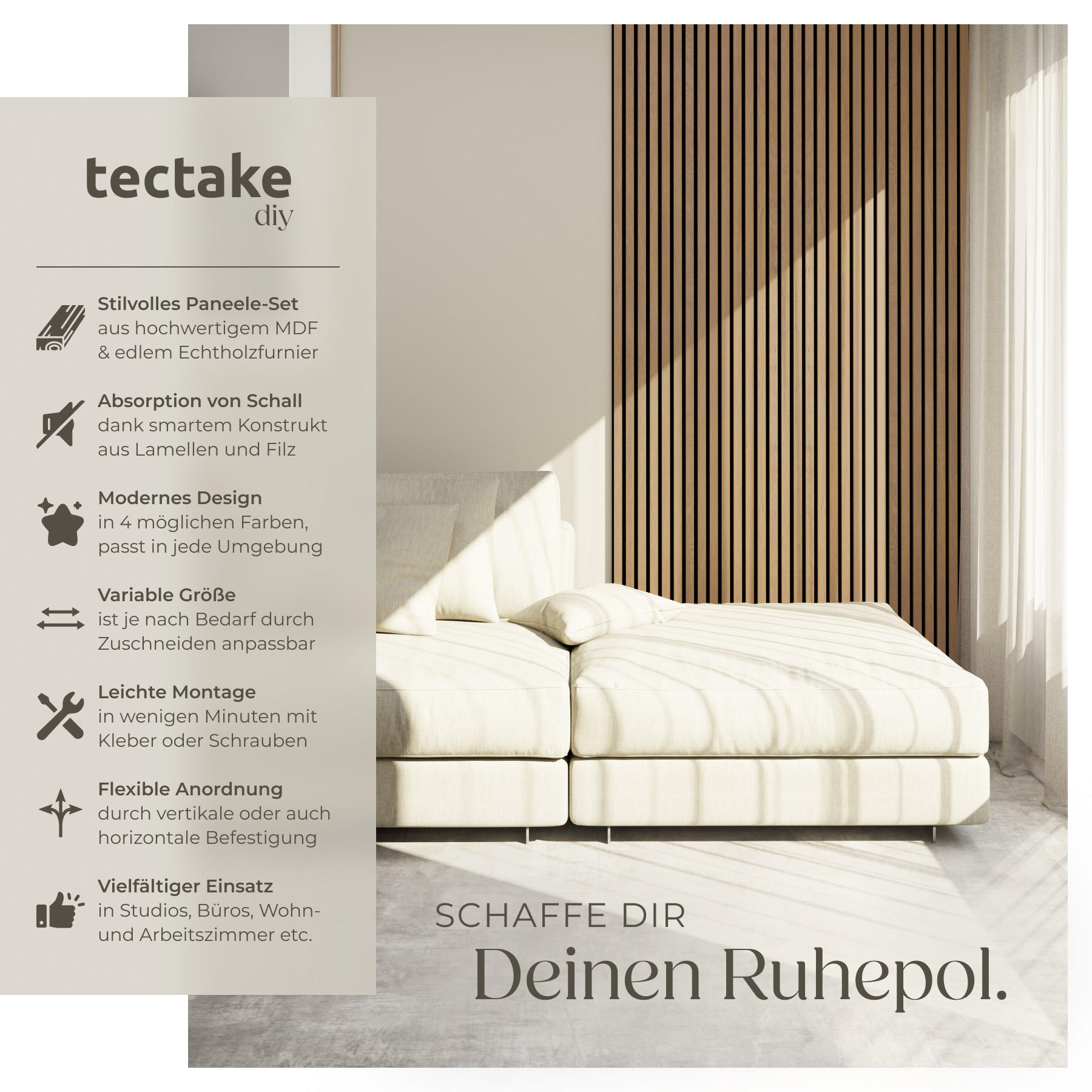AKUSTIKPANEELE 4er Set Sonic Wall,je 60 x 120 x 2,1 cm, Größe flexibel anpassbar,Eiche hell - Eichefarben, Holz (60/120/120cm) - tectake