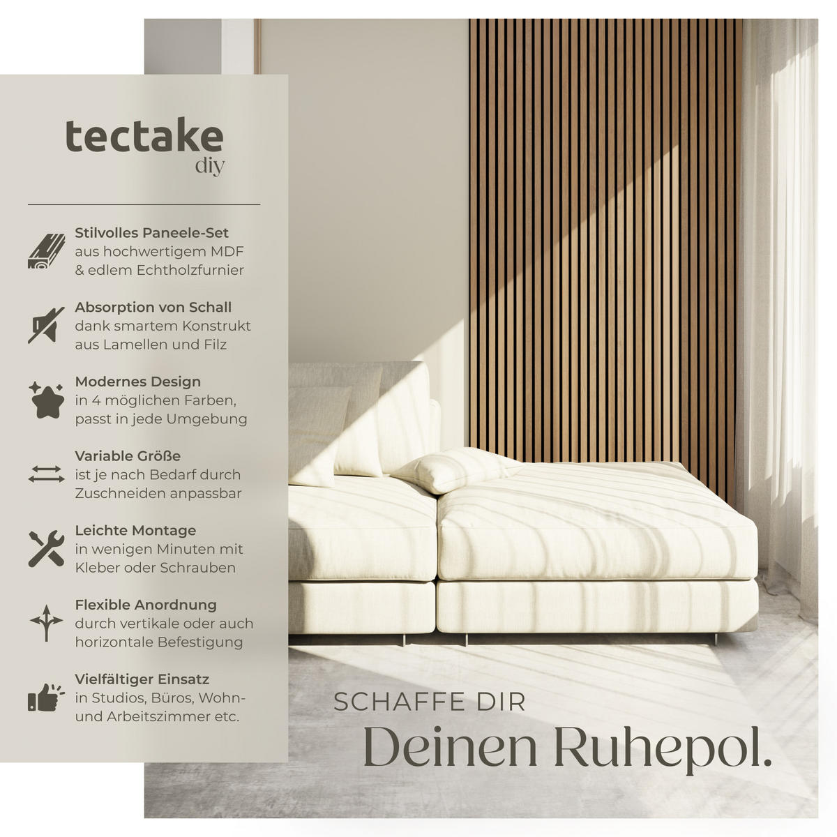AKUSTIKPANEELE 4er Set Sonic Wall,je 60 x 120 x 2,1 cm, Größe flexibel anpassbar,Eiche hell - Eichefarben, Holz (60/120/120cm) - tectake