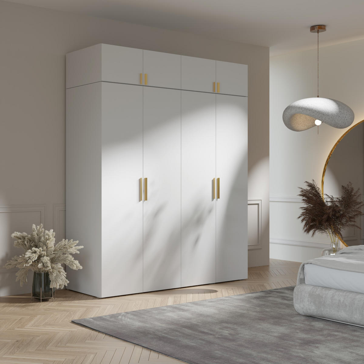 DREHTÜRENSCHRANK mit Aufsatz Napoli 4D 200 Weiß (schwarzer oder goldener Griff) - Silberfarben/Schwarz, Holzwerkstoff/Kunststoff (200/35/60cm) - mzm24