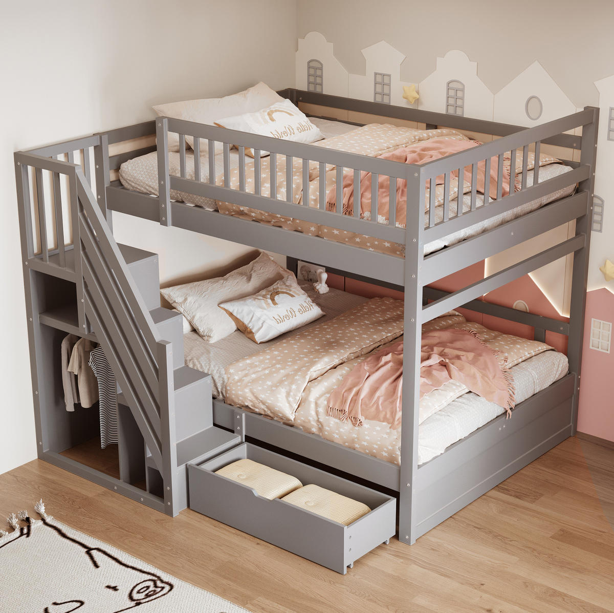 ETAGENBETT 140/200 cm Grau mit Lattenrost aus Massivholz - Grau, Holz (140/200cm) - MIVRAY