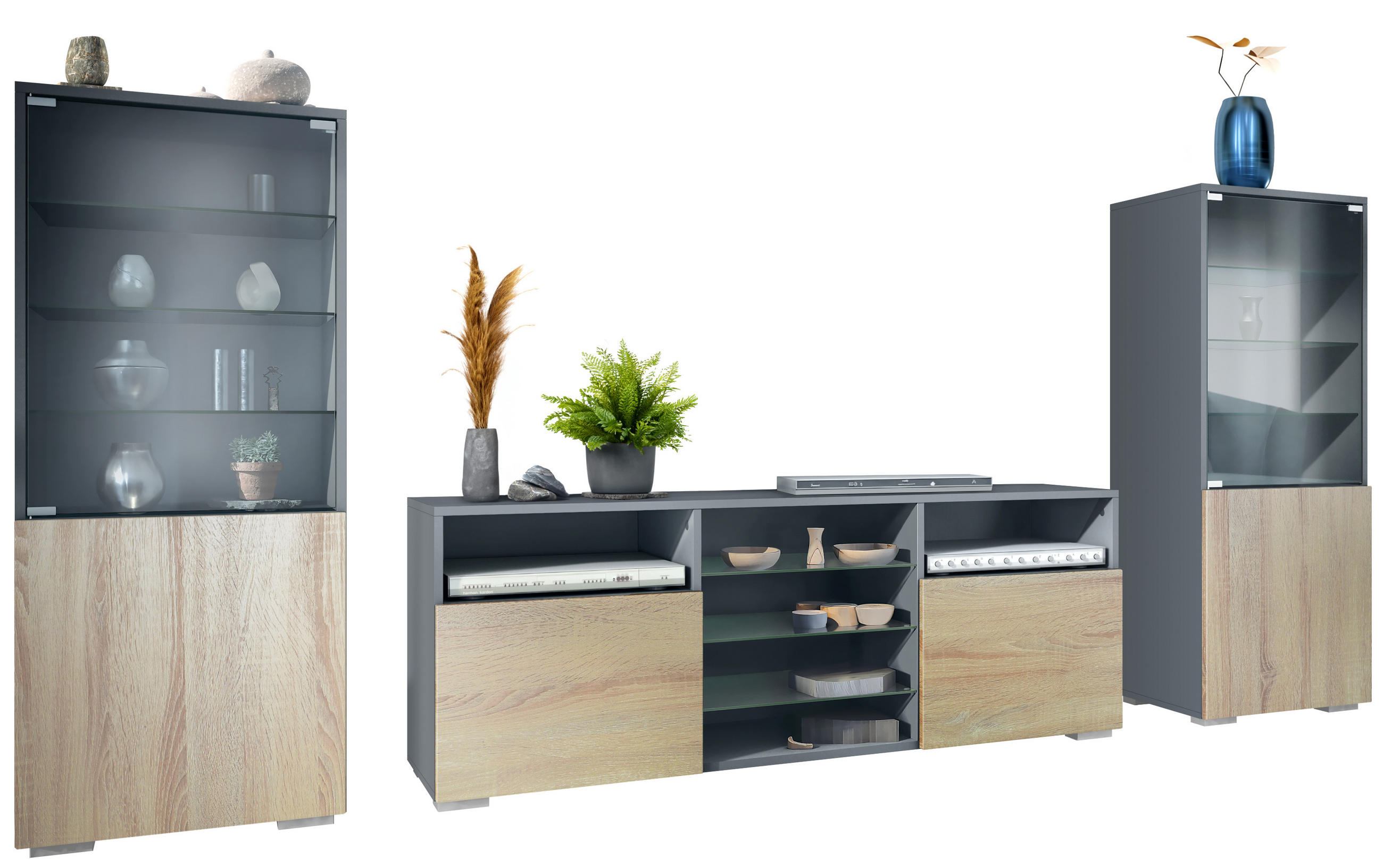 WOHNWAND Granada Eiche sägerau - Eiche San Remo, Holzwerkstoff (286/122.5/35cm) - Vladon