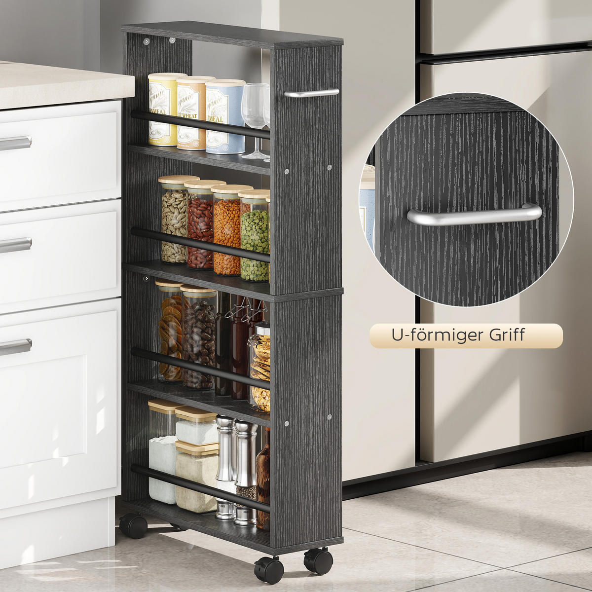 ROLLWAGEN, Schmaler Servierwagen mit 4 Etagen, Griffe, für Küche, Schwarz - Silberfarben/Schwarz, Holzwerkstoff/Metall (15/91/45cm) - HOMCOM