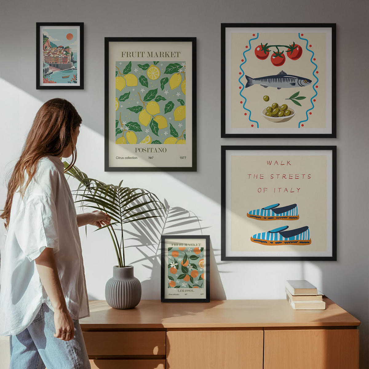 WANDBILDER 5er-Set - 50x50 cm & 20x30 cm & 40x60 cm Schwarzer Rahmen - Italienische Poster mit Fruchtmotiven - Schwarz, Kunststoff (40/60cm) - ArtPrintCave