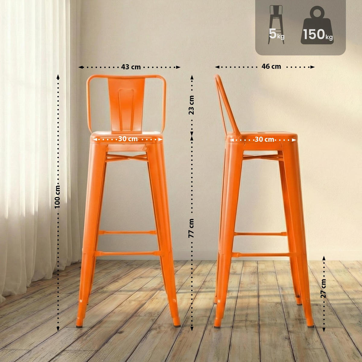 2ER Set Barhocker Mason 77 cm orange - Orange, Metall (44/96/43cm) - furnicato