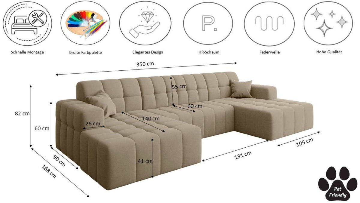 ECKSOFA U-Form Nimes Stoff Portland Beige - Beige, Holz/Textil (168/350cm) - Kaiser Möbel
