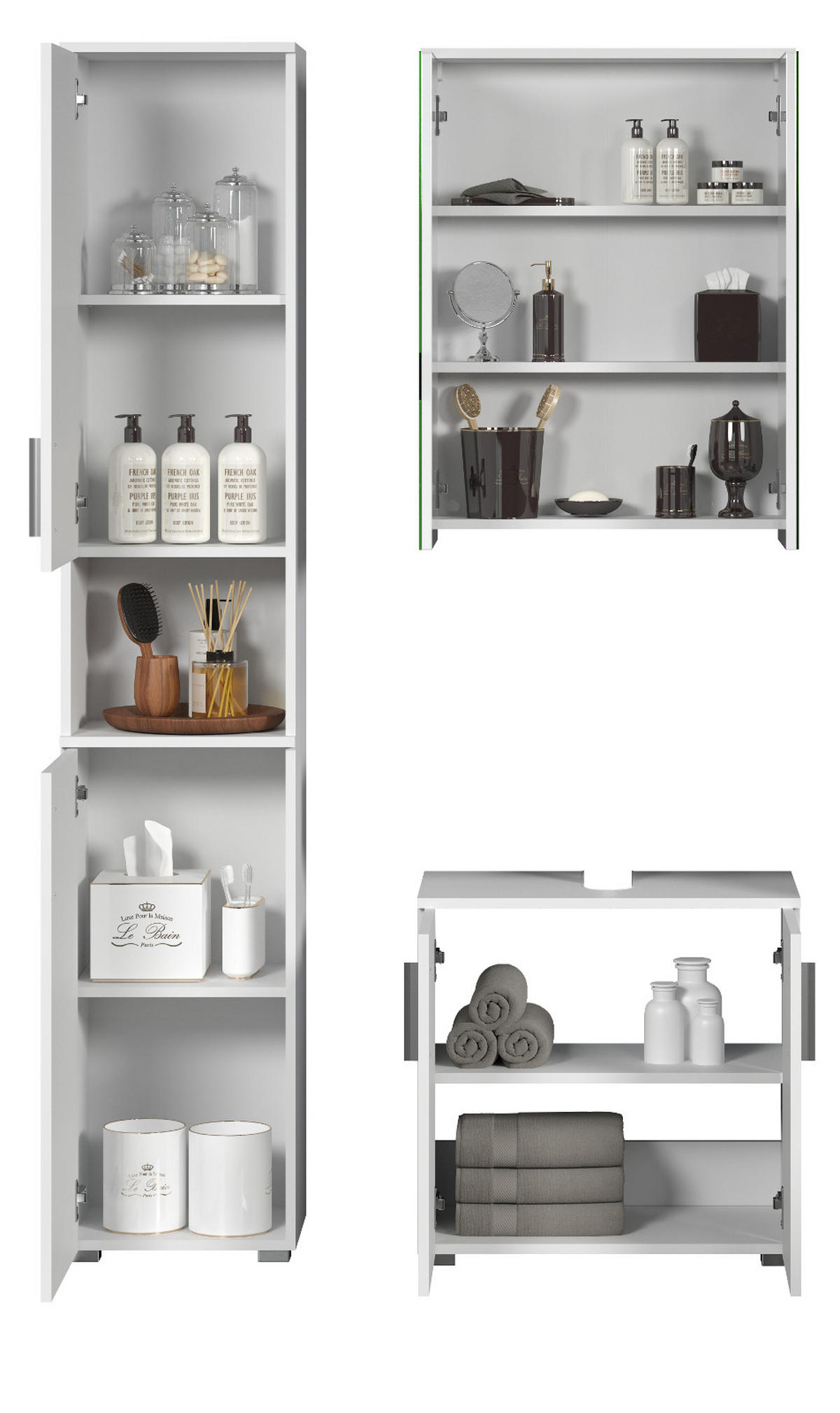BADMÖBEL-SET weiß Hochglanz 112 x 192 cm, Badezimmer Schränke mit viel Stauraum - Weiß Hochglanz/Silberfarben, Holzwerkstoff/Kunststoff (112/192/32cm) - Top.Furn
