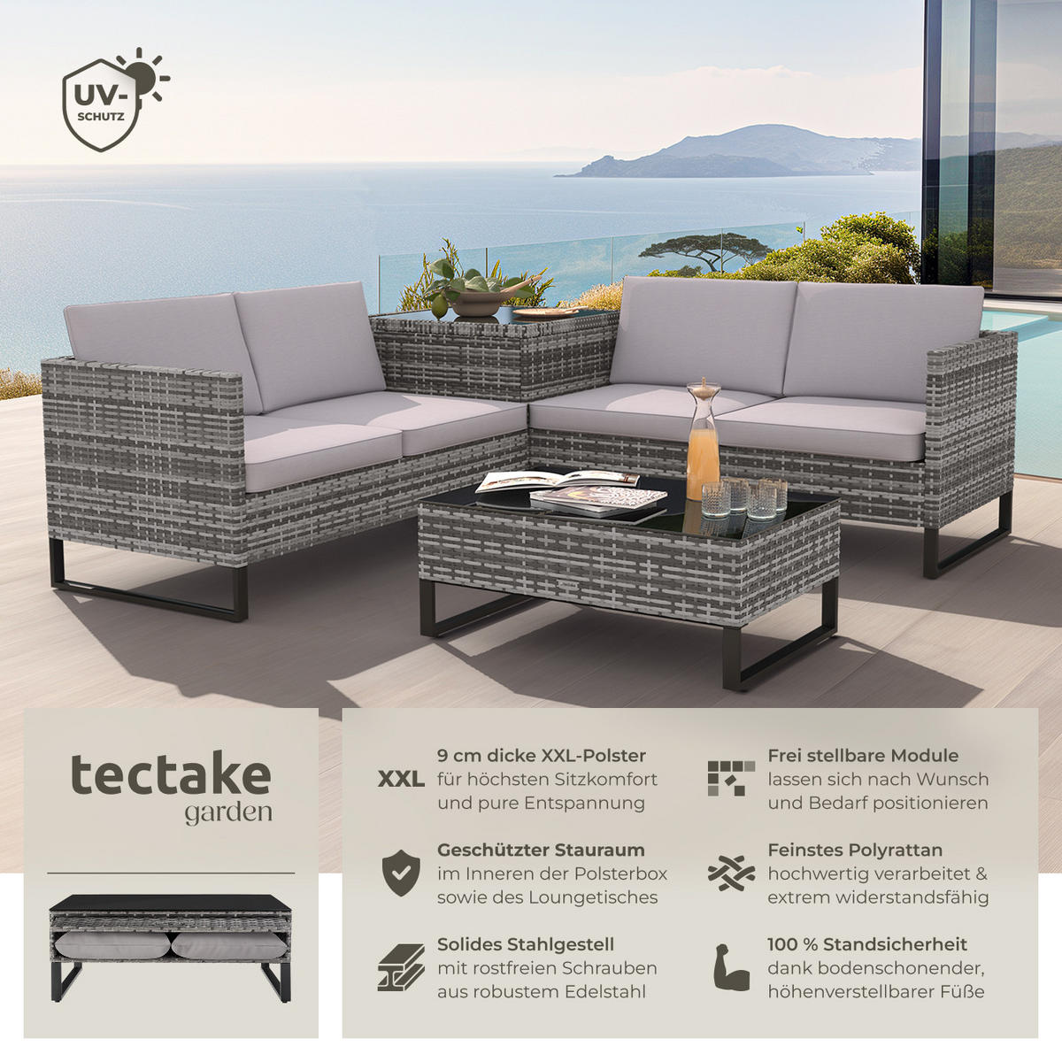 RATTANLOUNGE Ostuni,mit Sicherheitsglasplatte,grau - Grau, Kunststoff - tectake