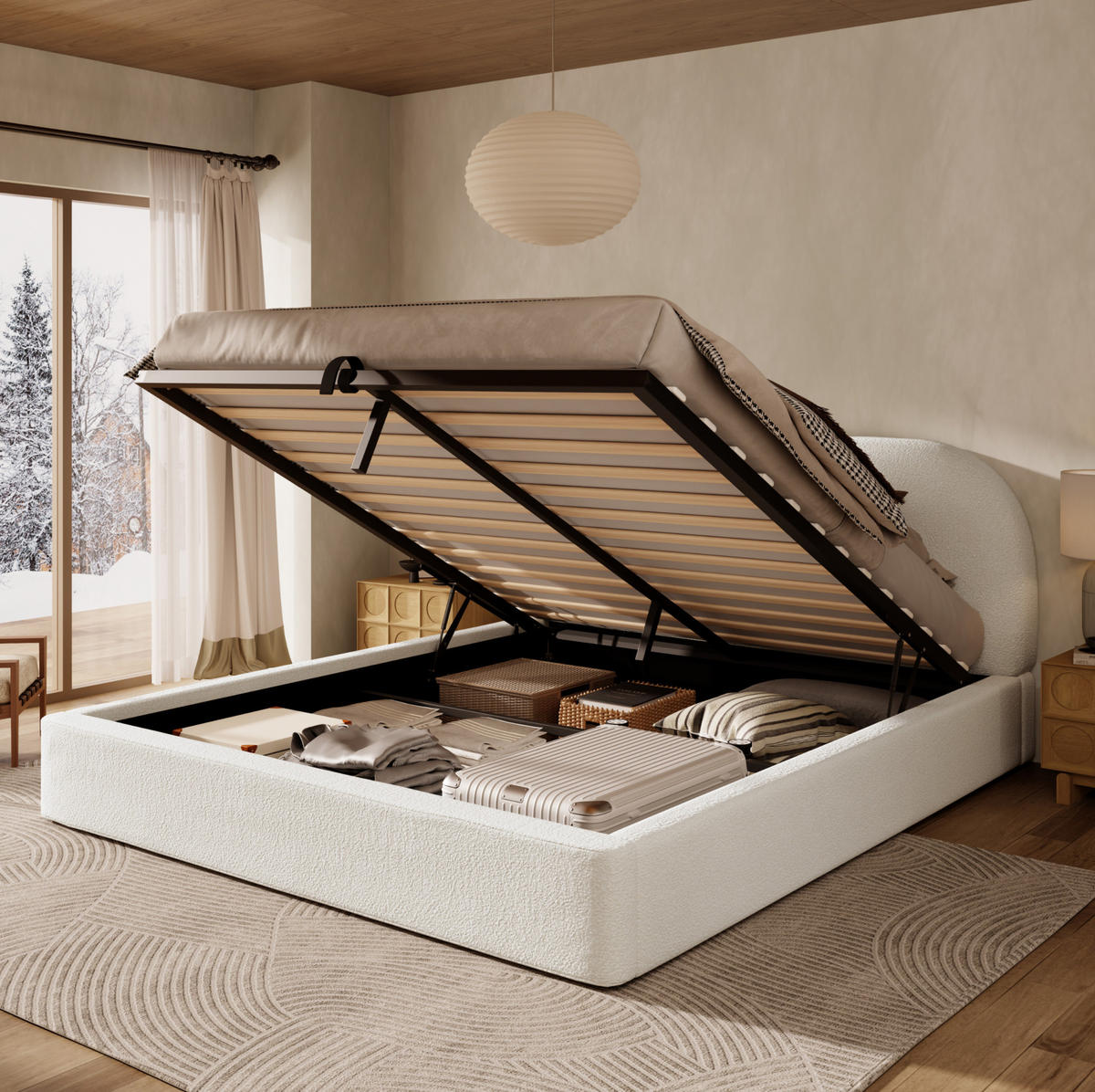 POLSTERBETT 180/200 cm mit hydraulischem Stauraum, Lattenrost und abnehmbarem Bouclé-Bezug, Beige - Beige, Textil (180/200cm) - Redom