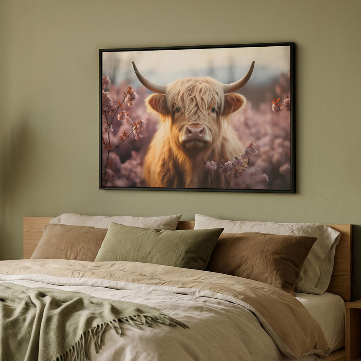 LEINWAND Bilder mit Rahmen - Schottischer Hochländer - Frühling - Hochland - 100x70 - Hellrosa, Textil (100/70cm) - MuchoWow