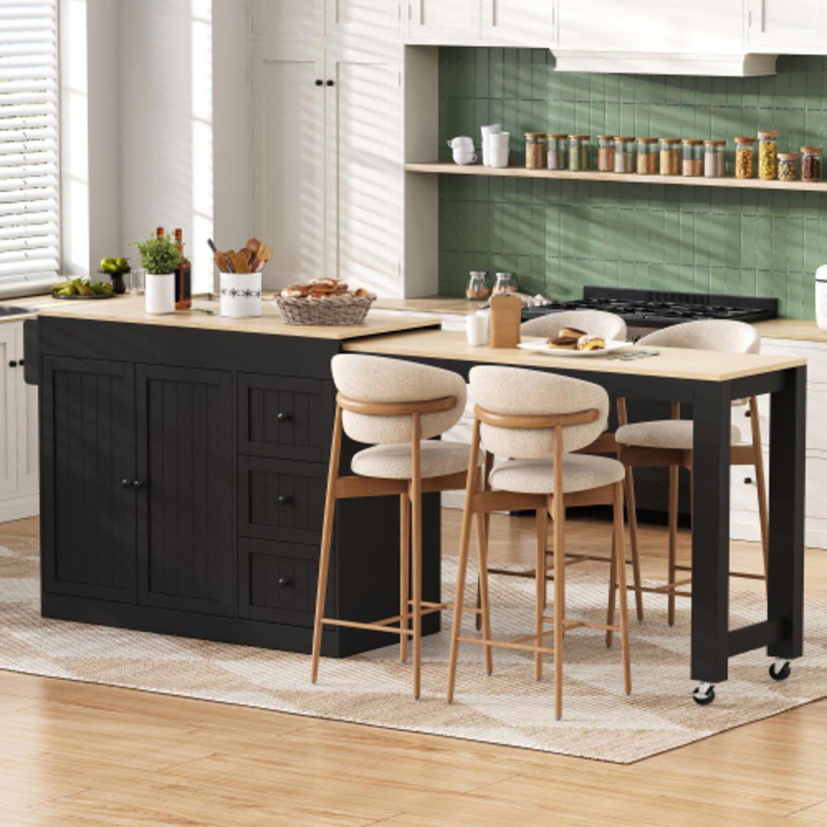 KÜCHENINSEL mit seitlich ausziehbarer Arbeitsplatte schwarz 112-186,8×45×93 cm aus MDF - Schwarz, Holzwerkstoff (186.8/93/45cm) - Luhomfu