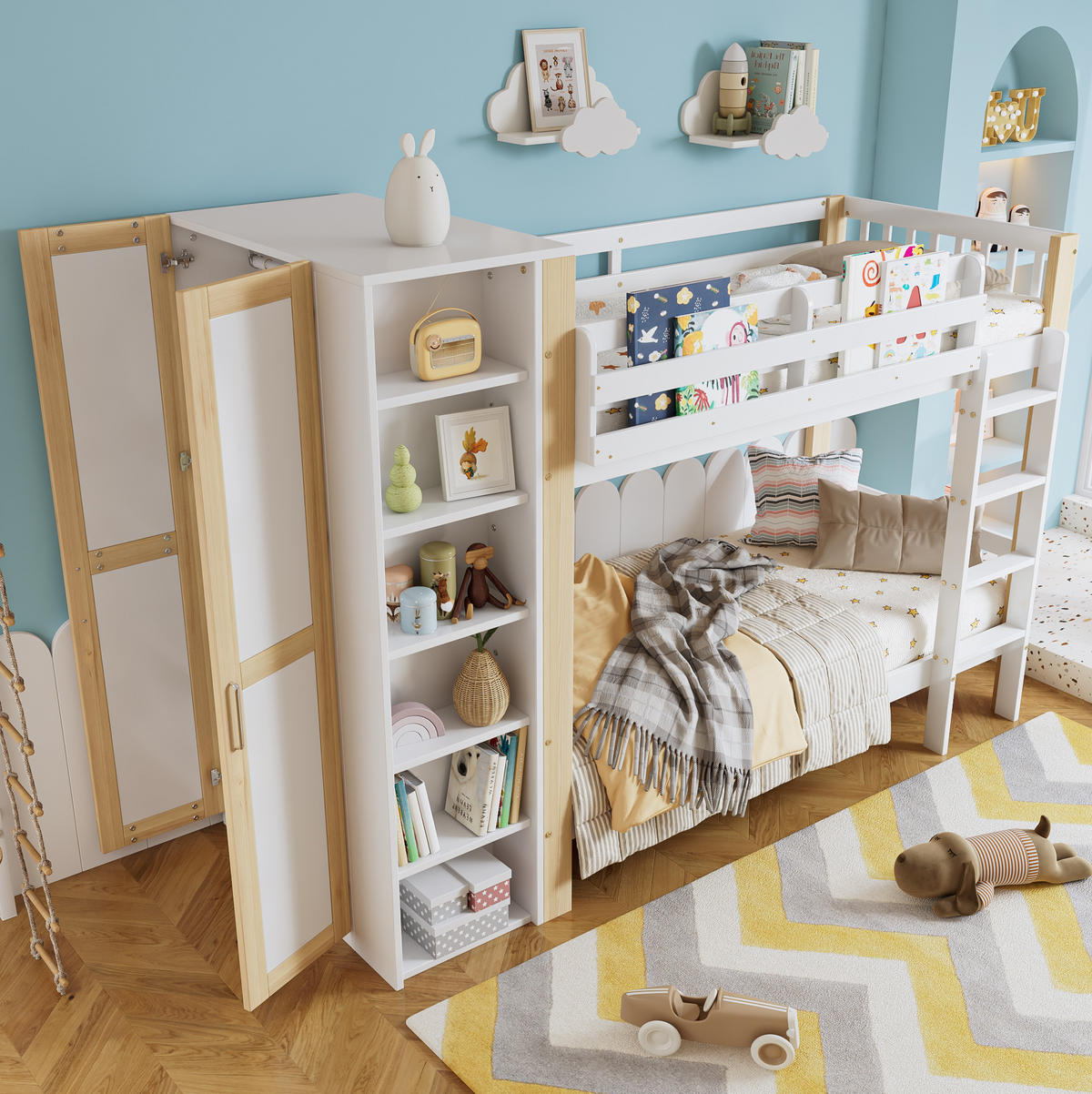 ETAGENBETT 90/200 cm in Weiß/Natur mit Kleiderschrank und 6 Regalen - Weiß, Holzwerkstoff (90/200cm) - Flora Grace