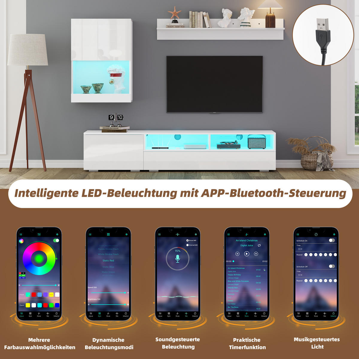 WOHNWAND 3-teilig LED Hochglanz TV Schrank Weiß - Weiß, Holzwerkstoff (175/34/39cm) - FLIEKS