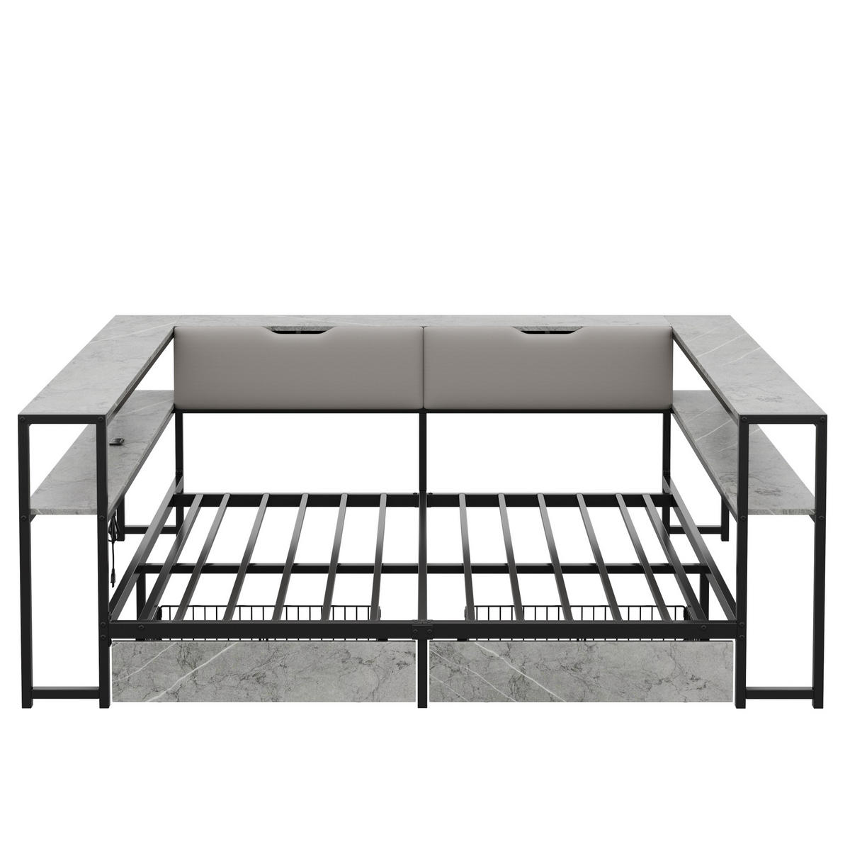 POLSTERBETT 140/200 cm mit USB- und Type-C-Anschluss, 2 Schubladen und 6 Staufächern, Leinenoptik, Grau - Grau, Holzwerkstoff (140/200cm) - Redom