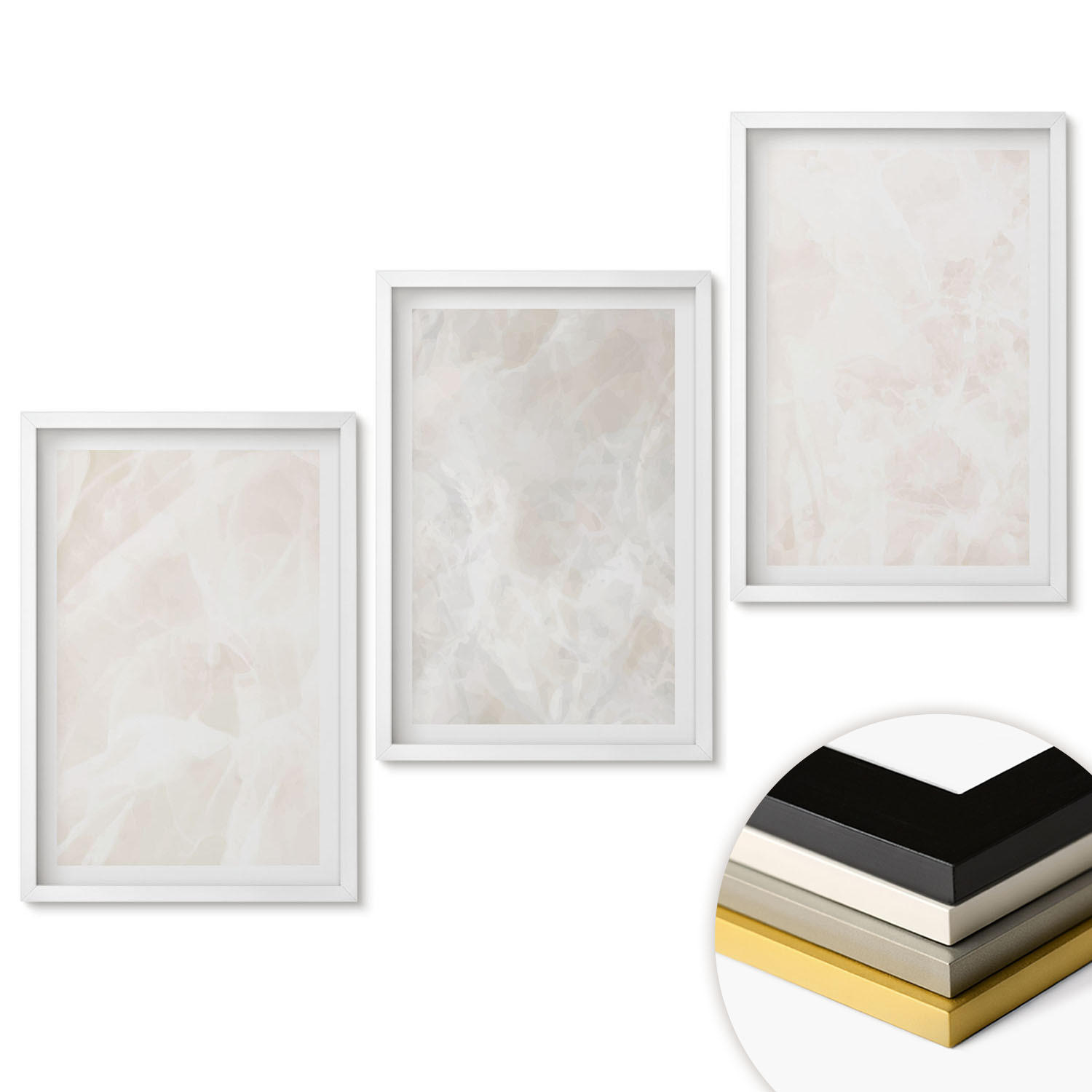 WANDBILDER 3er-Set - 40x60 cm Weißer Rahmen - Die Struktur von elegantem Marmor - Weiß, Kunststoff (40/60cm) - ArtPrintCave