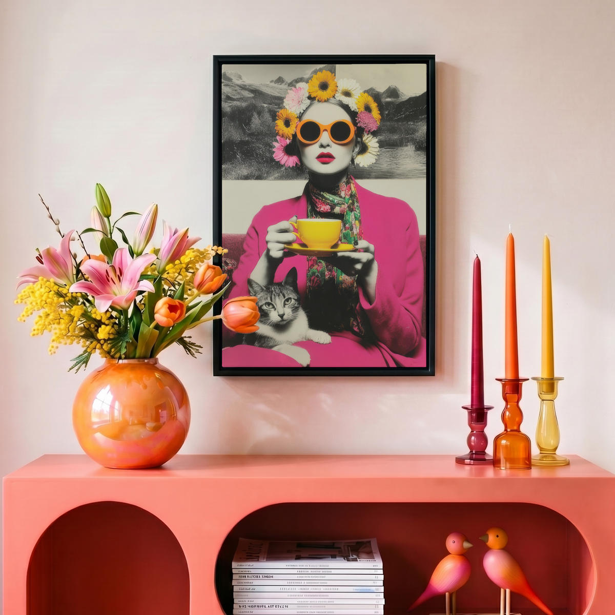 LEINWAND Bilder mit Rahmen - Frau - Katze - Blumen - Tasse - Retro - 20x30 - Magenta, Textil (20/30cm) - MuchoWow