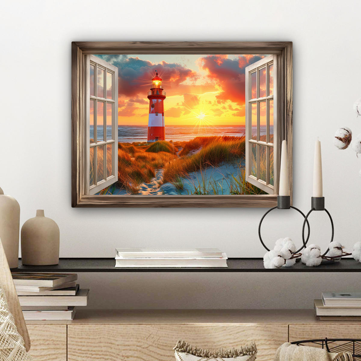LEINWANDBILD Aussicht - Fenster - Leuchtturm - Sonnenuntergang - Strand Wandbild 40x30 cm - Dunkelorange, Textil (40/30cm) - MuchoWow