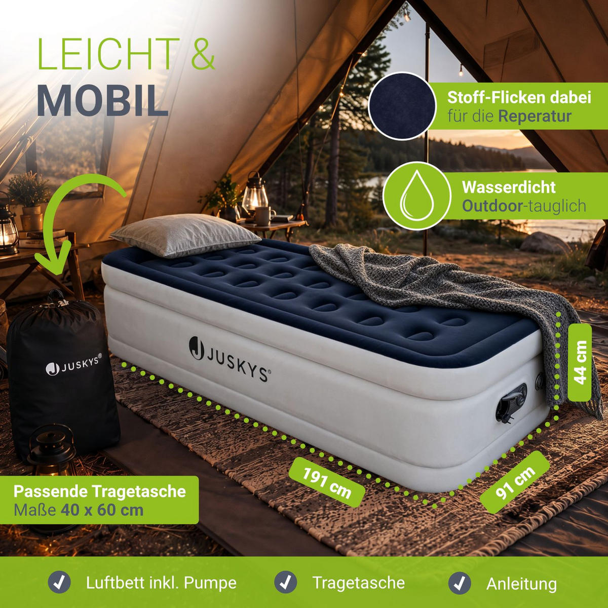 LUFTBETT Sapri M blau / weiß inkl. Tragetasche - Weiß, Kunststoff (87/185cm) - Juskys
