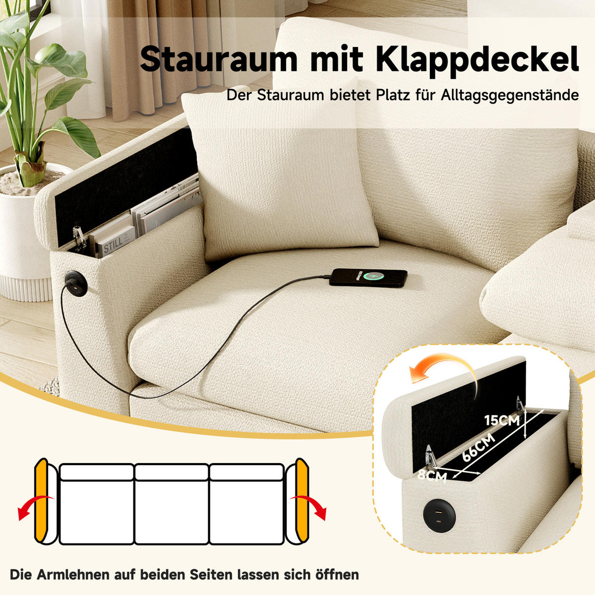 3-SITZER aus Chenille 242x80x88 cm in Beige mit USB-Anschluss & Stauraum - Beige, Textil (80/88/242cm) - Modfu