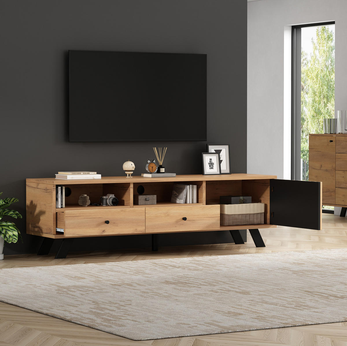 TV-LOWBOARD aus Spanplatte 150x38x44 cm Naturholz/Schwarz mit 2 Schubladen und Stauraum - Naturfarben, Holzwerkstoff (150/44/38cm) - IVMEU