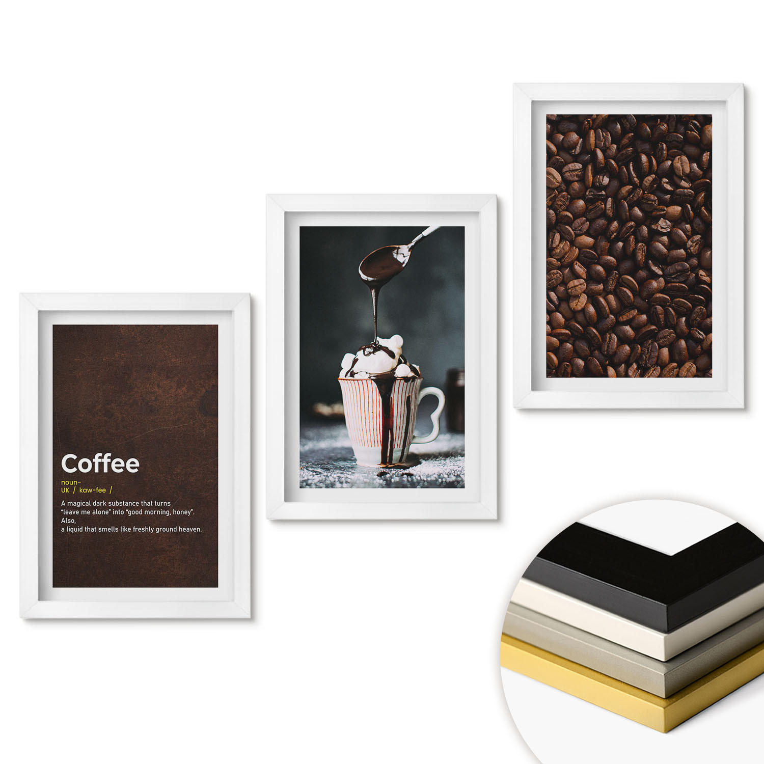 WANDBILDER 3er-Set - 20x30 cm Weißer Rahmen - Kaffeegetränk mit Schlagsahne - Weiß, Kunststoff (20/30cm) - ArtPrintCave