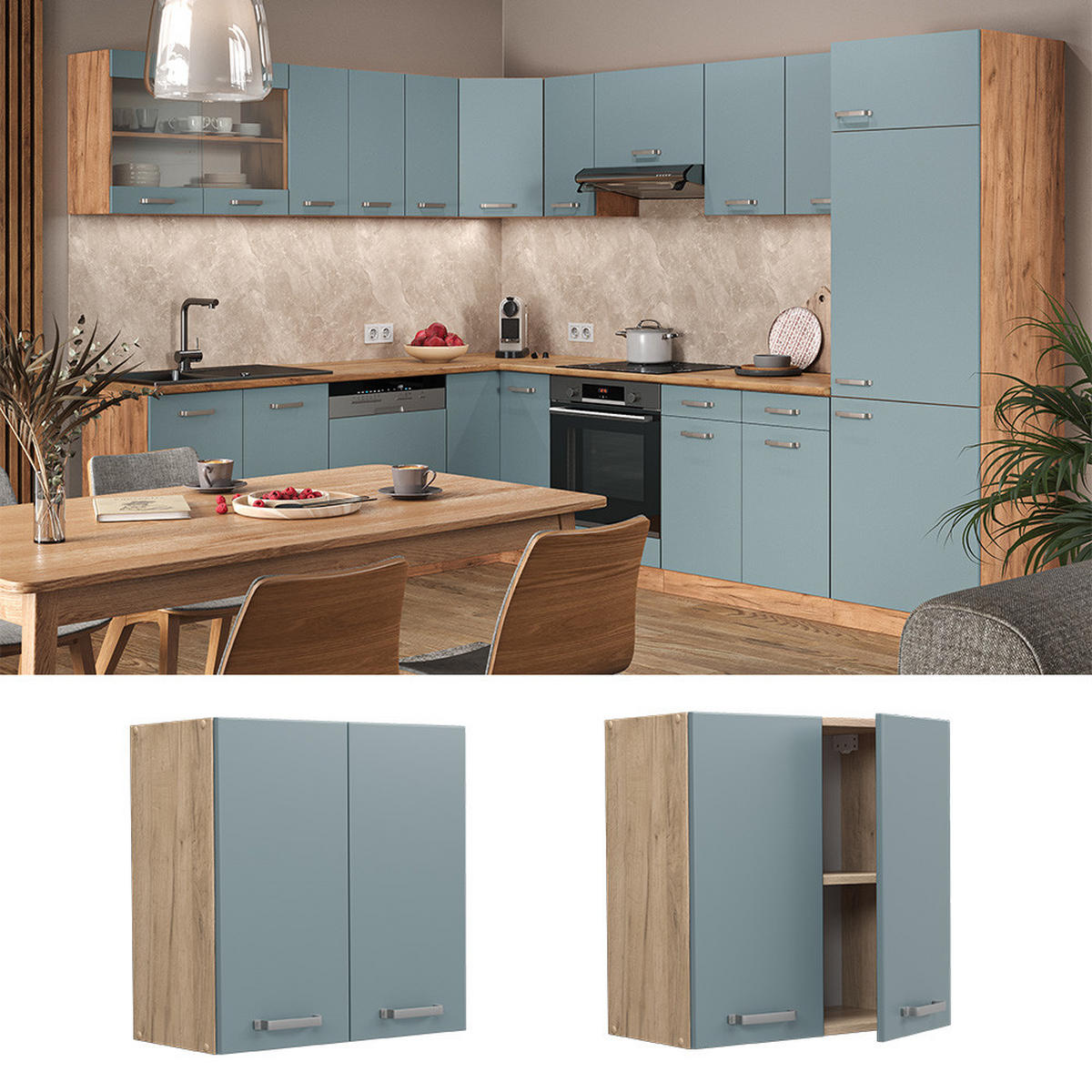 HÄNGESCHRANK R-Line Blau-Grau 60 cm - Honigeiche/Eiche Wotan, Holzwerkstoff (60/60/31cm) - Vicco