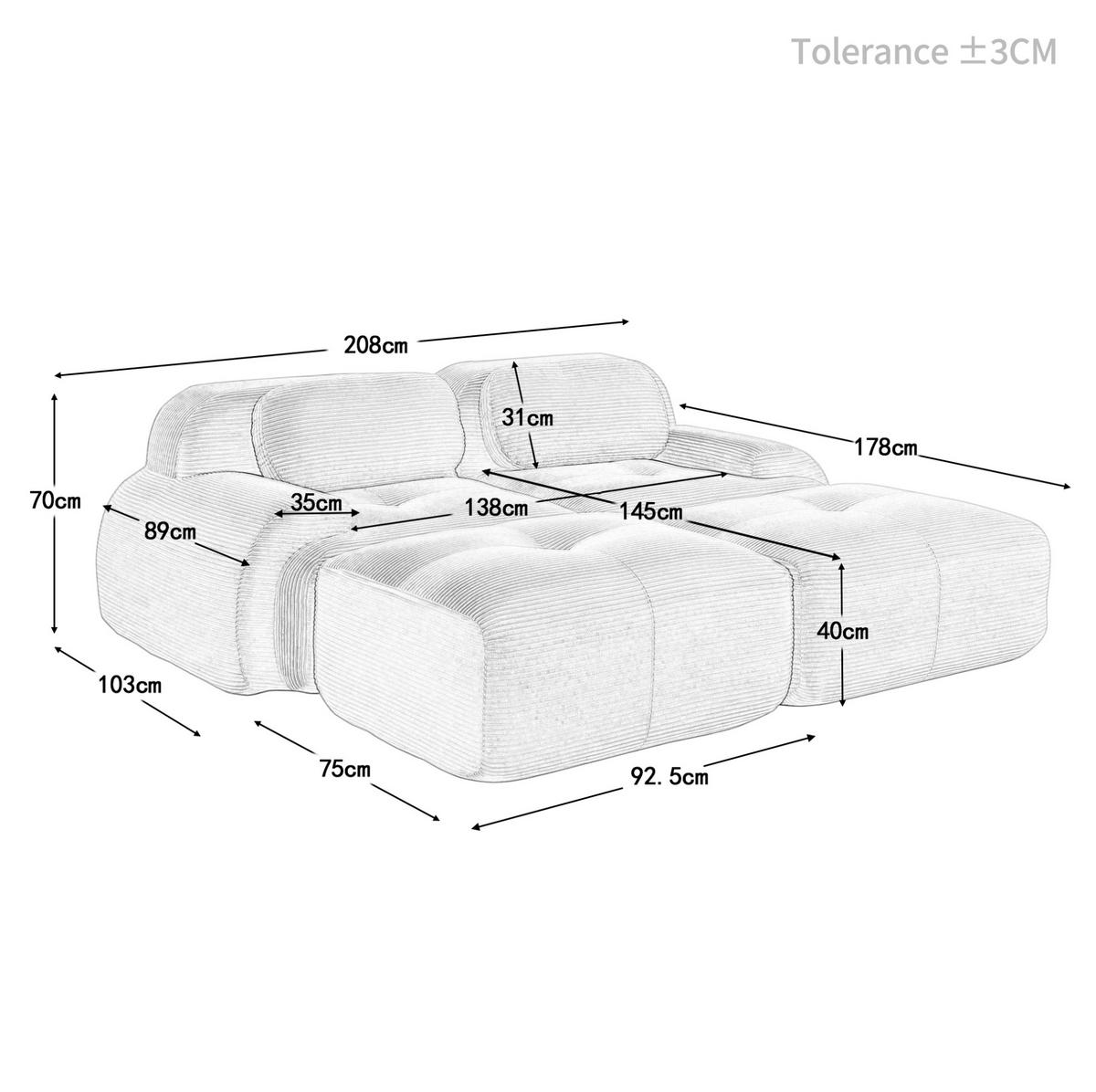 SOFA modular 2-Sitzer Cord Beige - Beige, Kunststoff (178/75/208cm) - Meubliv