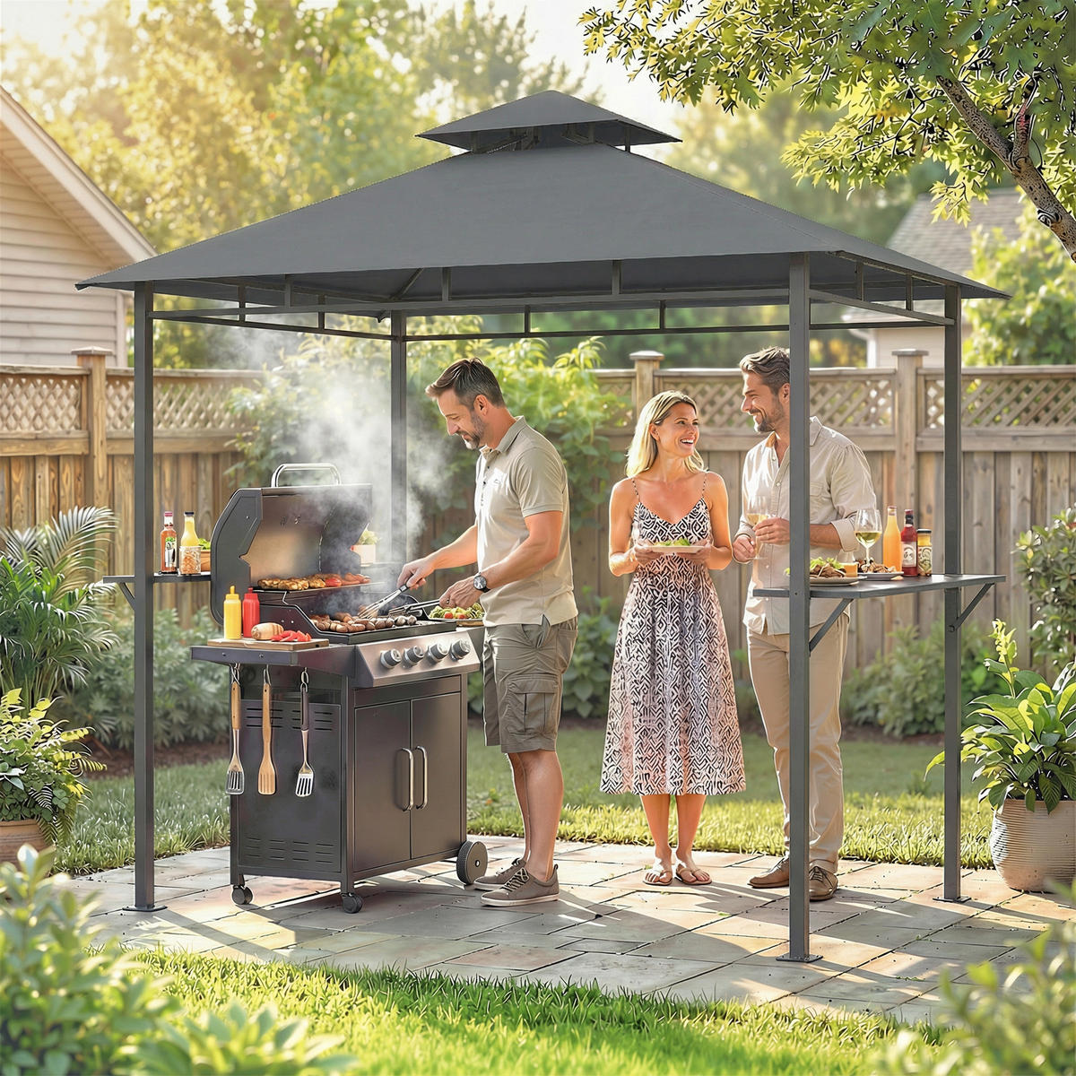 GRILLPAVILLON Polyester Metall Dunkelgrau - Dunkelgrau, Metall (146/255/245cm) - Outsunny