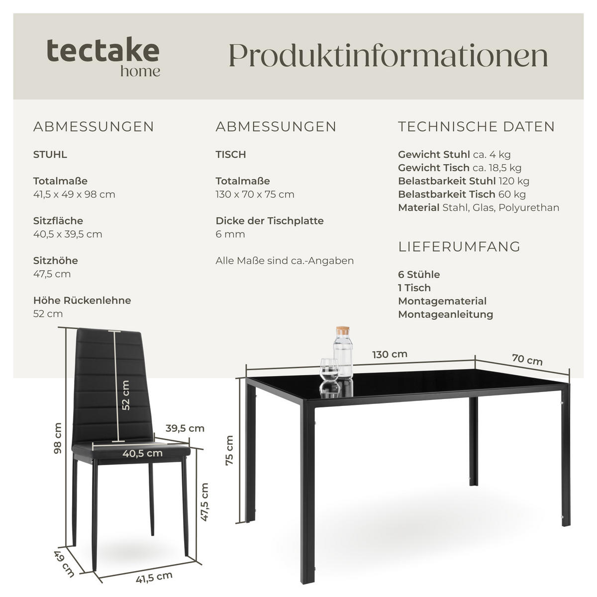 ESSZIMMERGRUPPE Brandenburg,bodenschonende Kunststoffkappen,schwarz/schwarz - Schwarz, Metall (90/98/150cm) - tectake