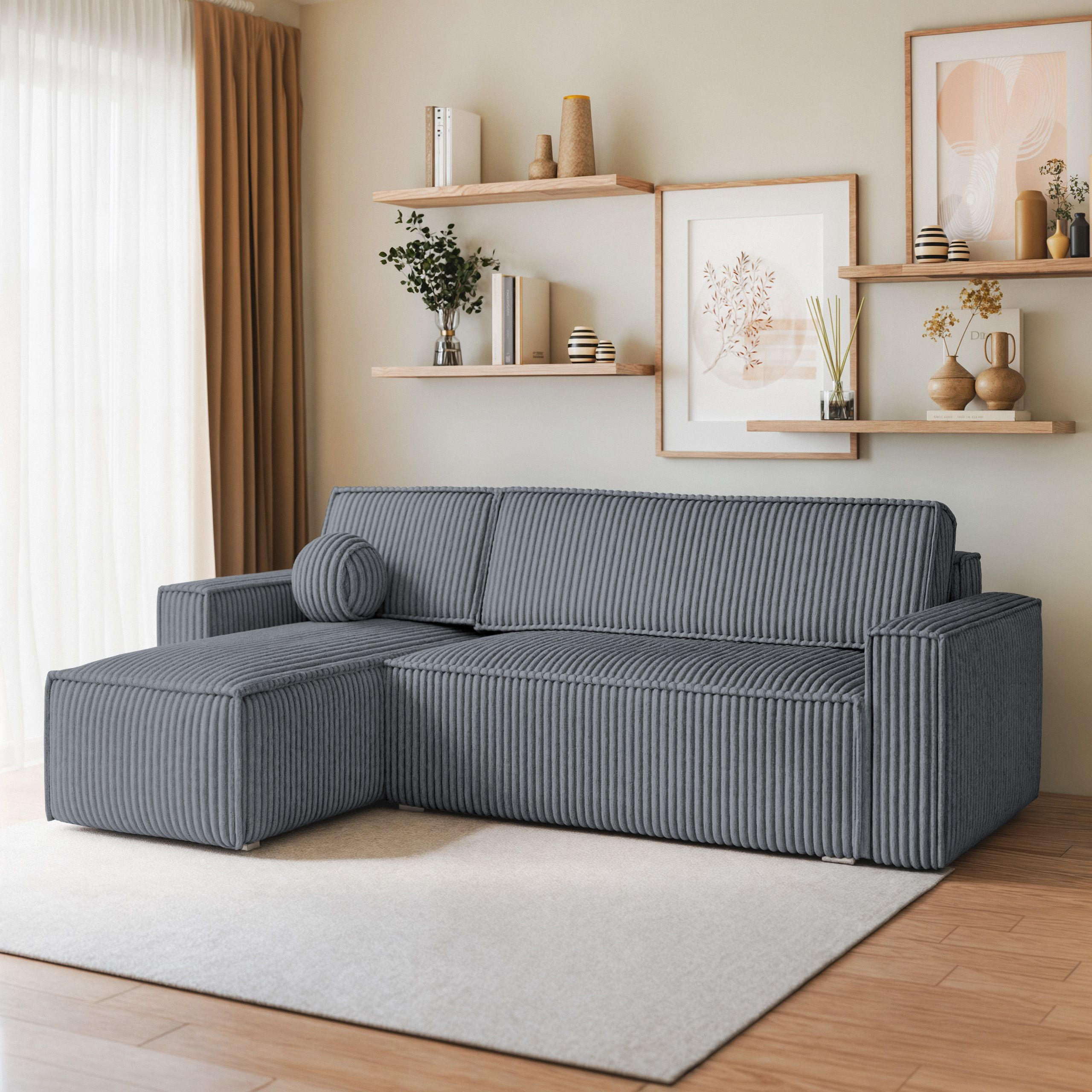 ECKSOFA RAVELO T Grau Kordstoff mit Schlaffunktion - Grau, Holz (240/140cm) - MASSENO