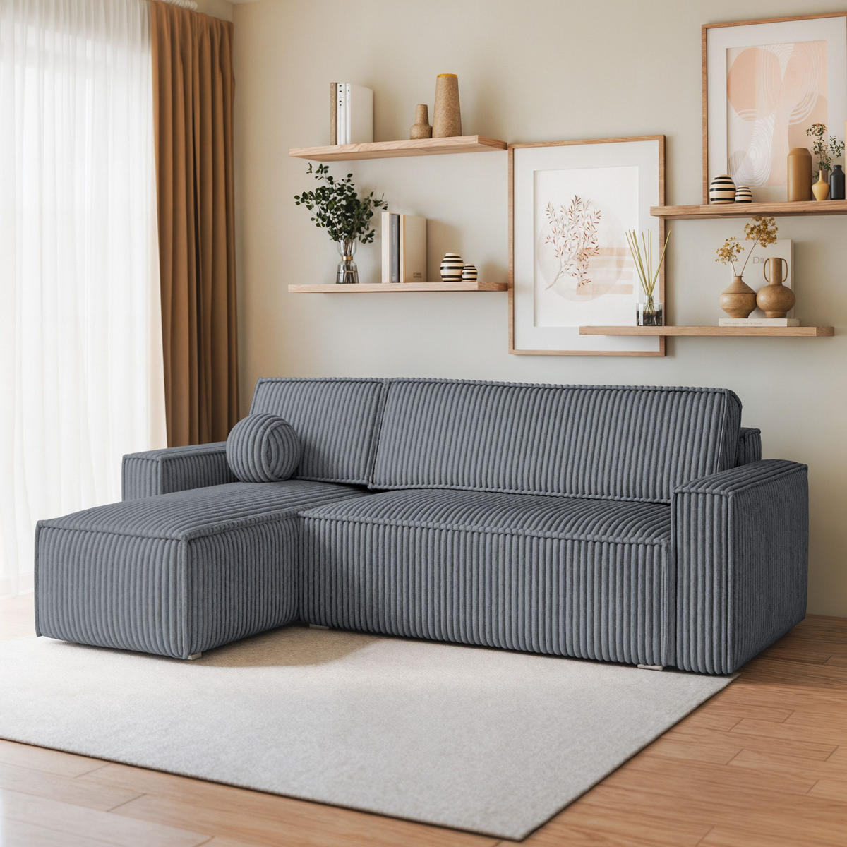ECKSOFA RAVELO T Grau Kordstoff mit Schlaffunktion - Grau, Holz (240/140cm) - MASSENO