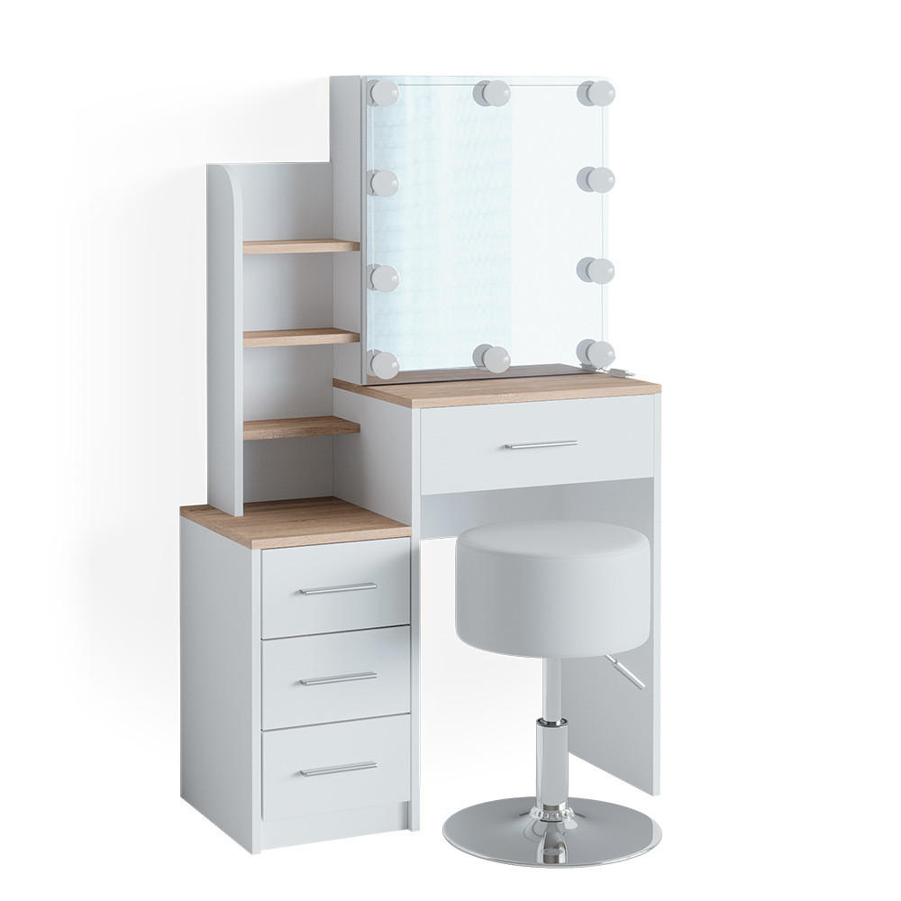 SCHMINKTISCH Conrada Weiß/Sonoma 80 cm mit LED Beleuchtung und Hocker - Weiß/Sonoma Eiche, Holzwerkstoff (36/131.6/80cm) - Vicco