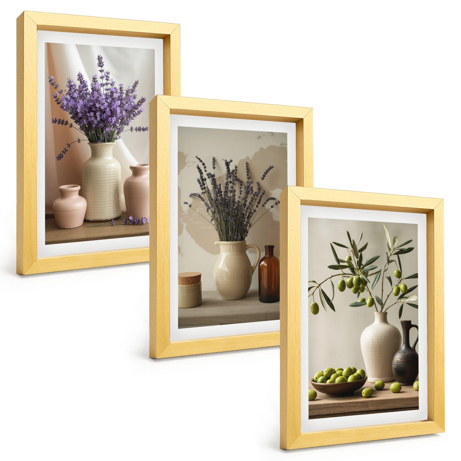BILDER SET 3er Set - 20x30 cm Goldrahmen - Lavendelblüten, Oliven, Gefäße - Goldfarben, Kunststoff (20/30cm) - TULUP