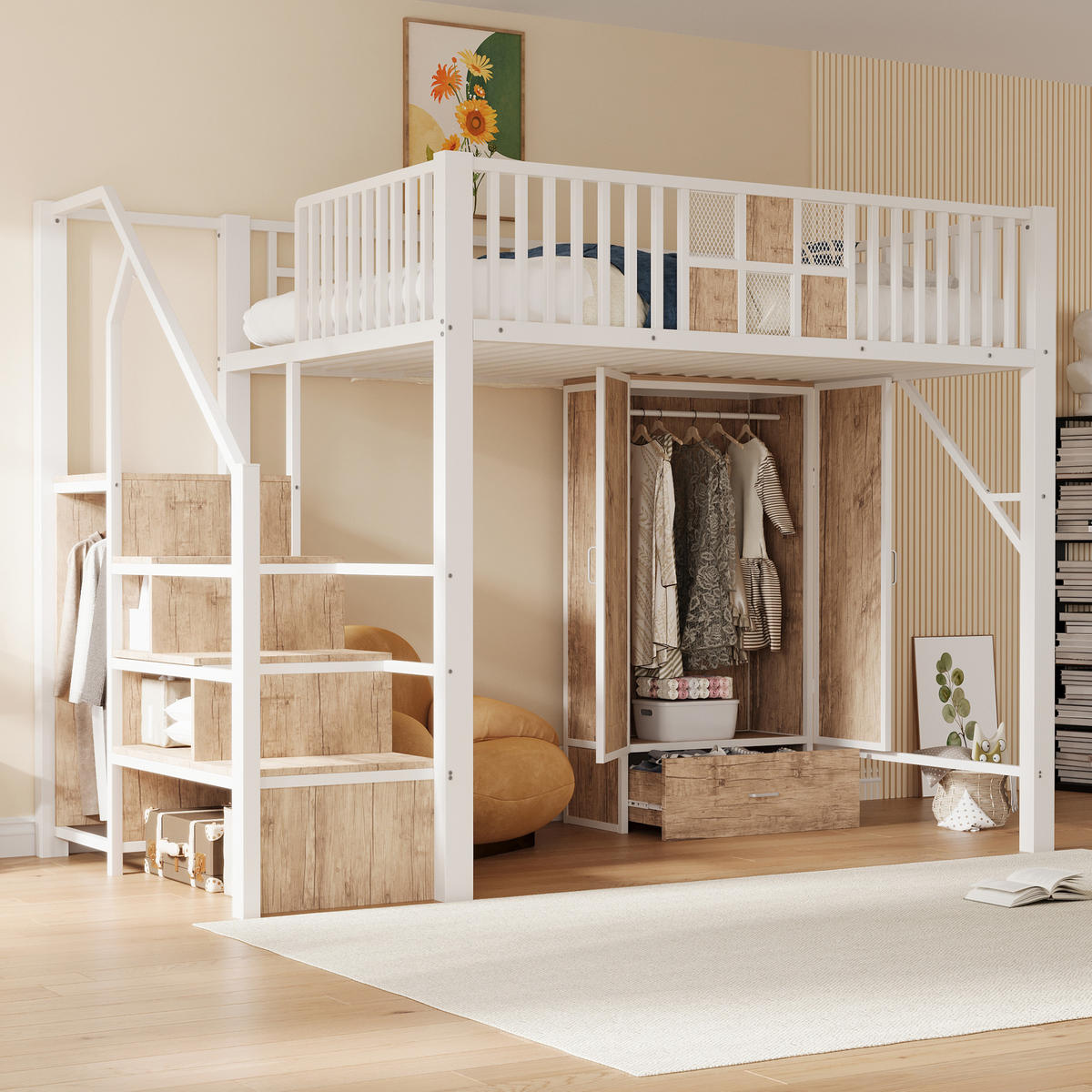 HOCHBETT 140/200 cm in Weiß aus Metall und Holz mit Kleiderschrank, Schublade und Aufbewahrungsleiter - Weiß, Holzwerkstoff/Metall (140/200cm) - WISHDOR